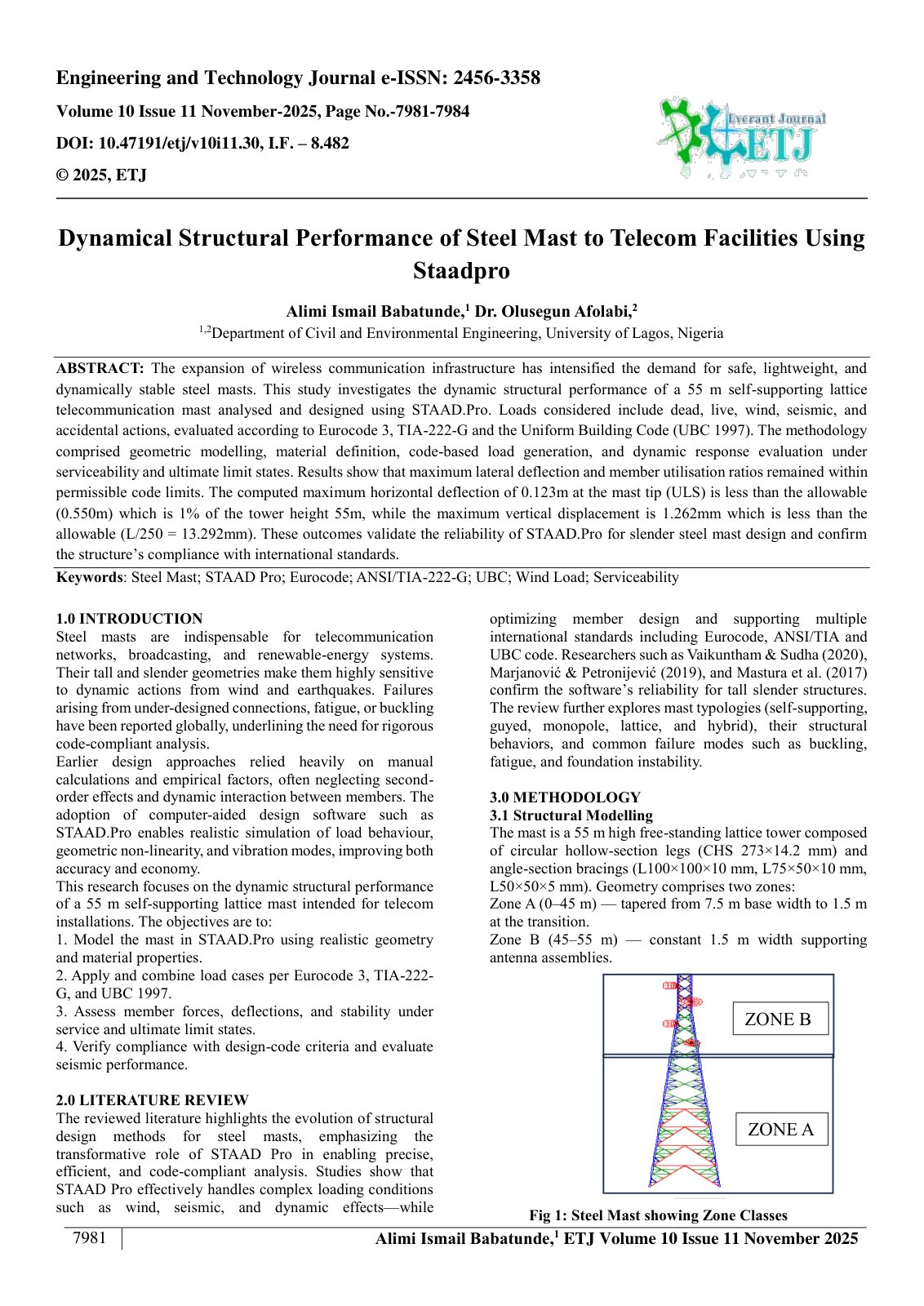 First page of Dynamical Structural Performance of Steel Mast to Telecom Facilities Using Staadpro