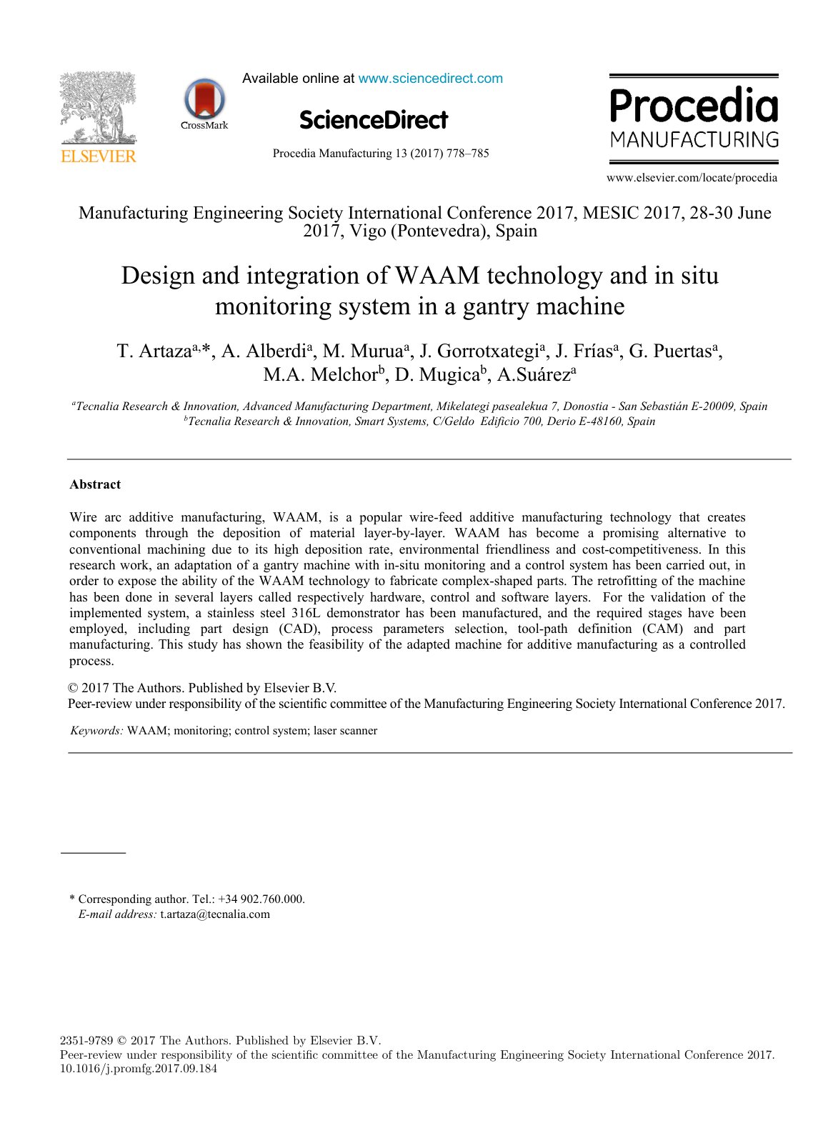 First page of Design and integration of WAAM technology and in situ monitoring system in a gantry machine