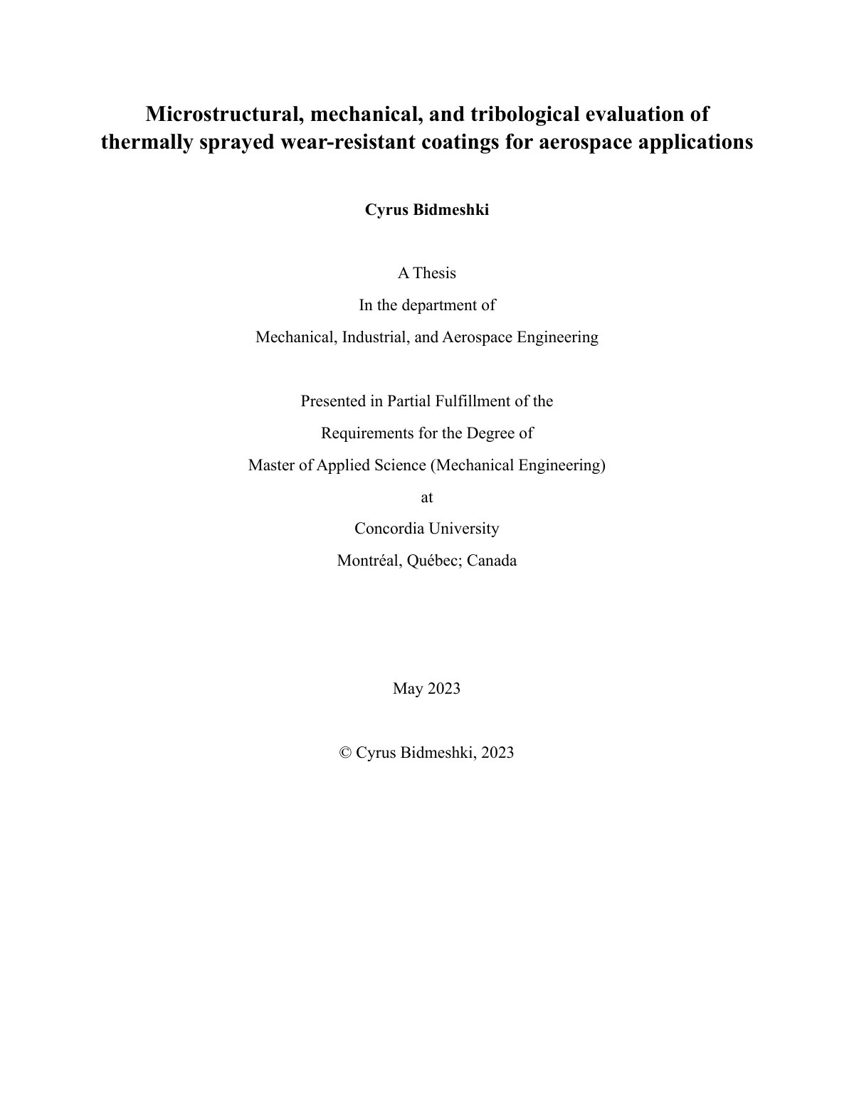 First page of 2023 Bidmeshki Thermally Sprayed Wear Resistant Coatings Thesis