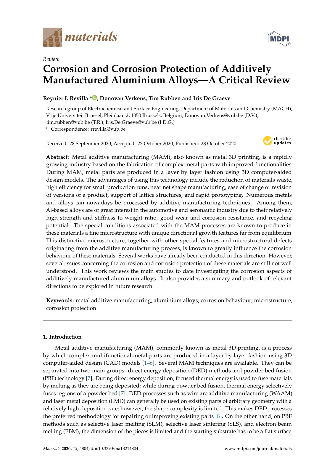 First page of Corrosion and Corrosion Protection of Additively Manufactured Aluminium Alloys—A Critical Review