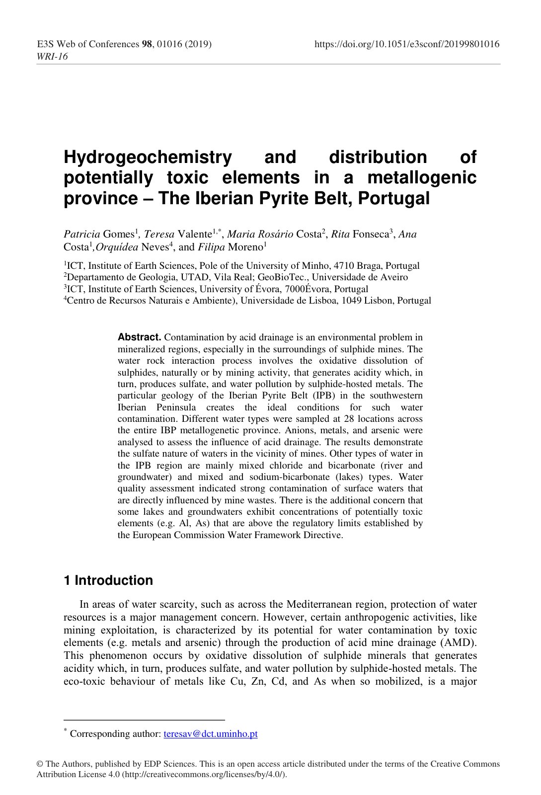 First page of Hydrogeochemistry and distribution of potentially toxic elements in a metallogenic province – The Iberian Pyrite Belt, Portugal