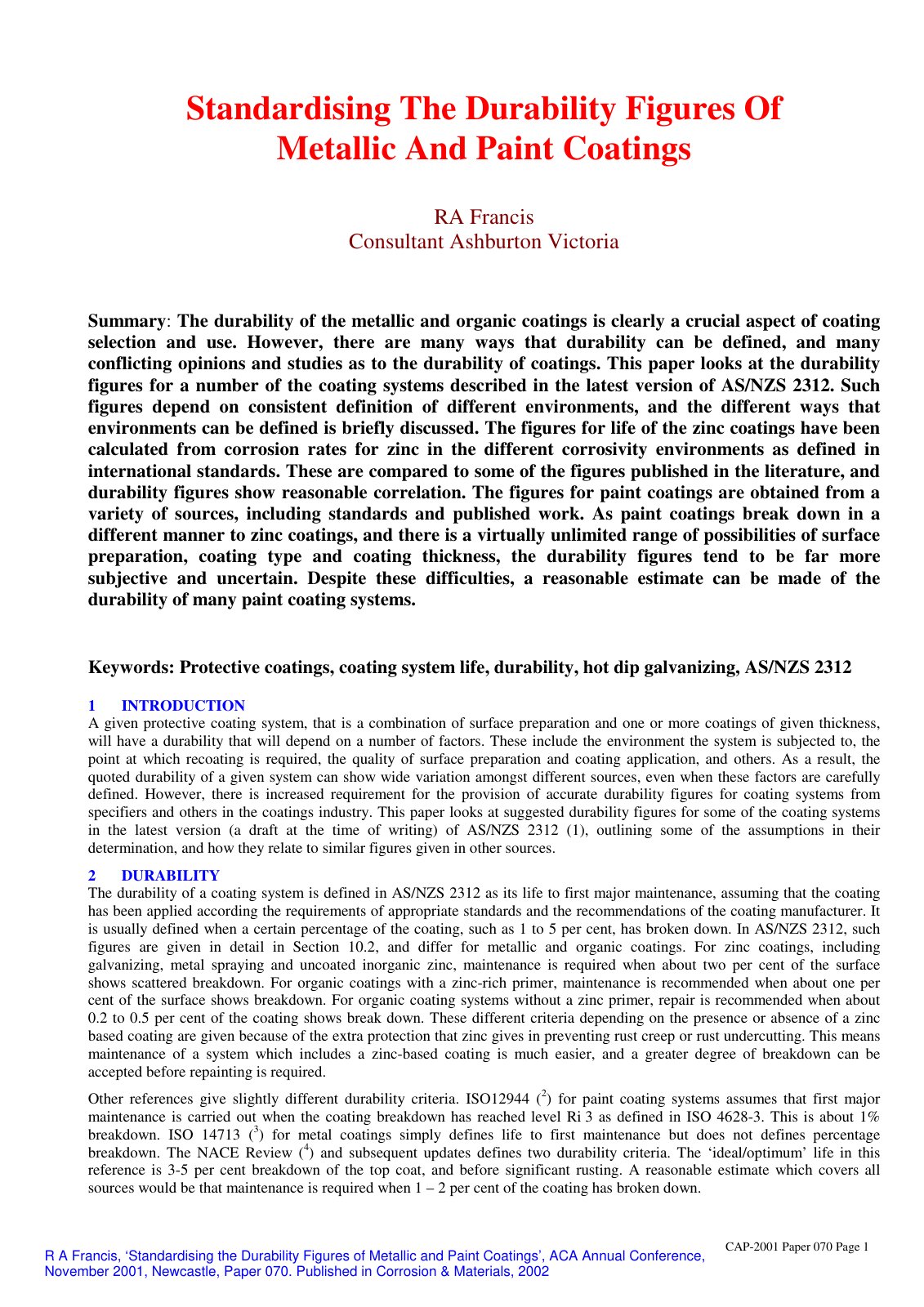 First page of Standardising The Durability Figures Of Metallic And Paint Coatings