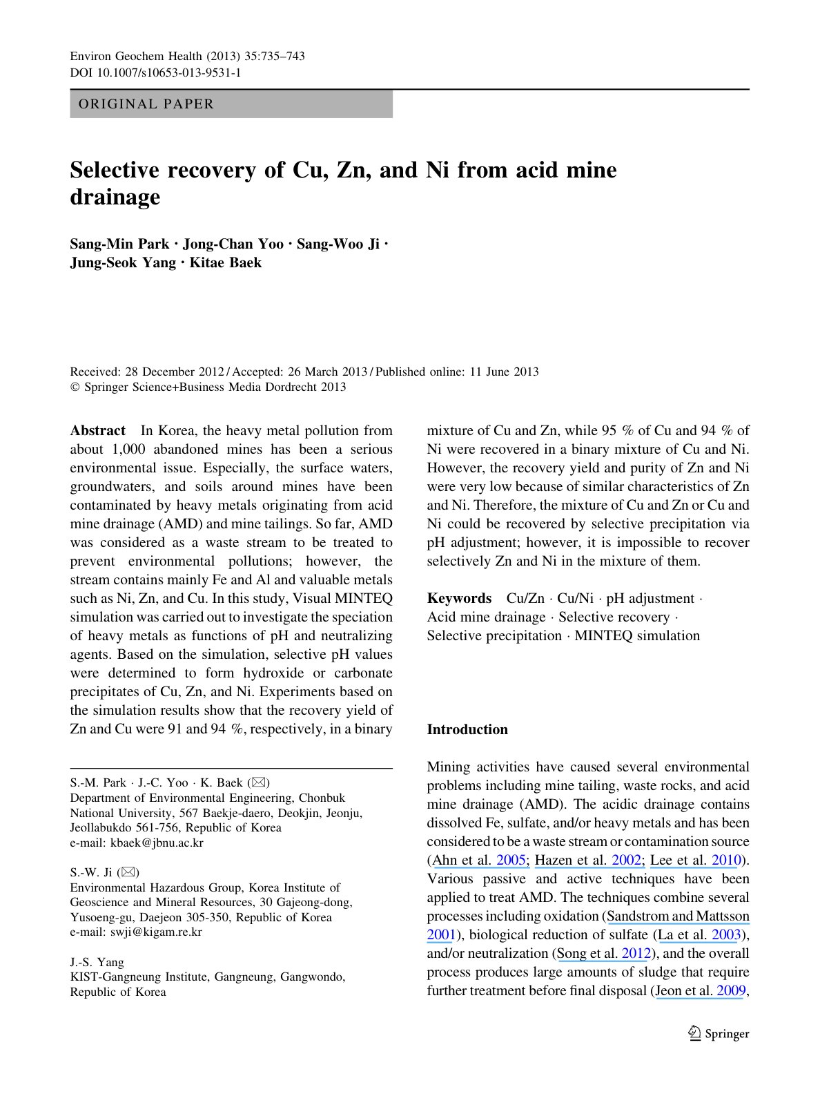 First page of Selective recovery of Cu, Zn, and Ni from acid mine drainage