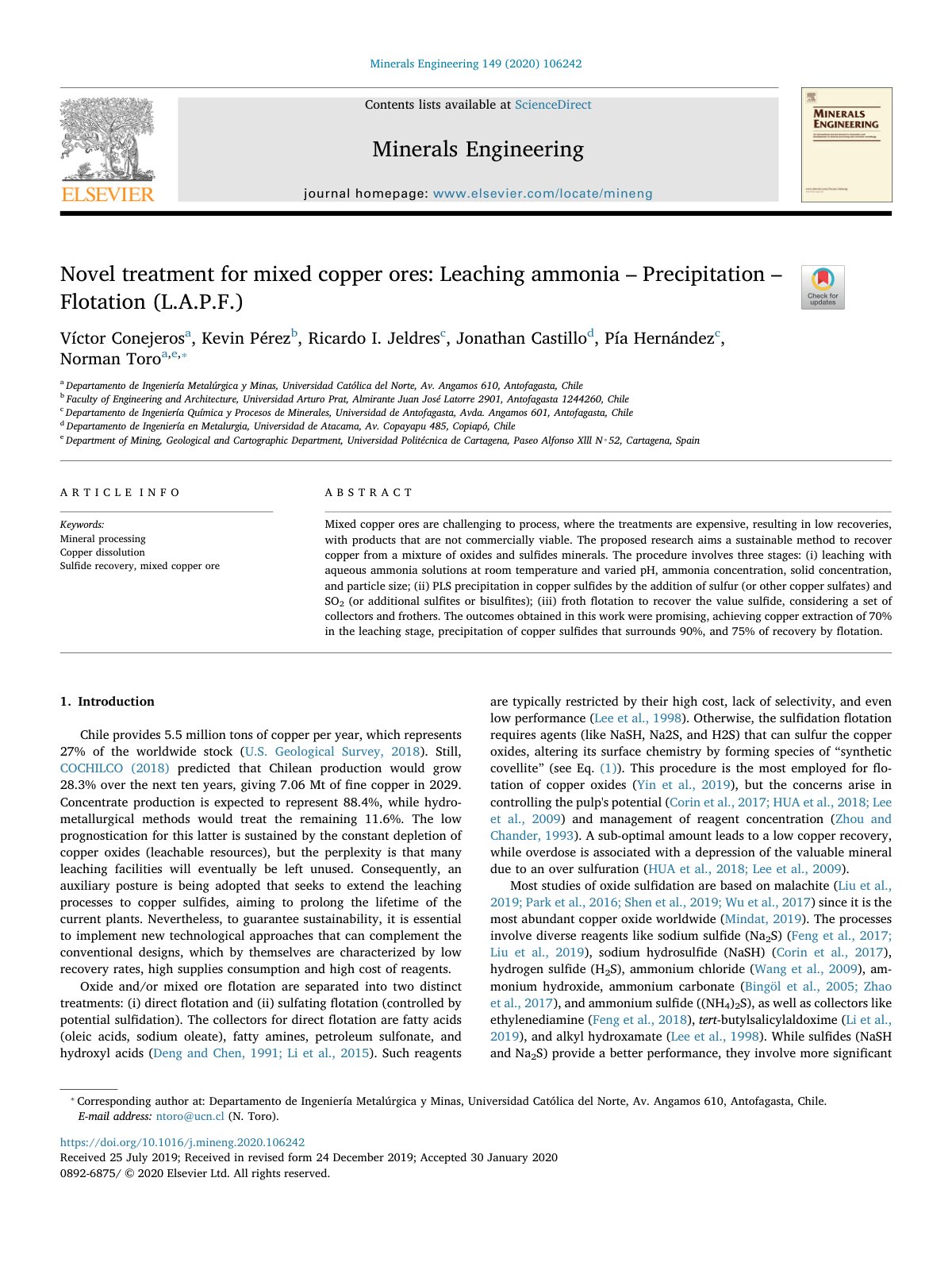 First page of Novel treatment for mixed copper ores: Leaching ammonia– Precipitation – Flotation (L.A.P.F.)