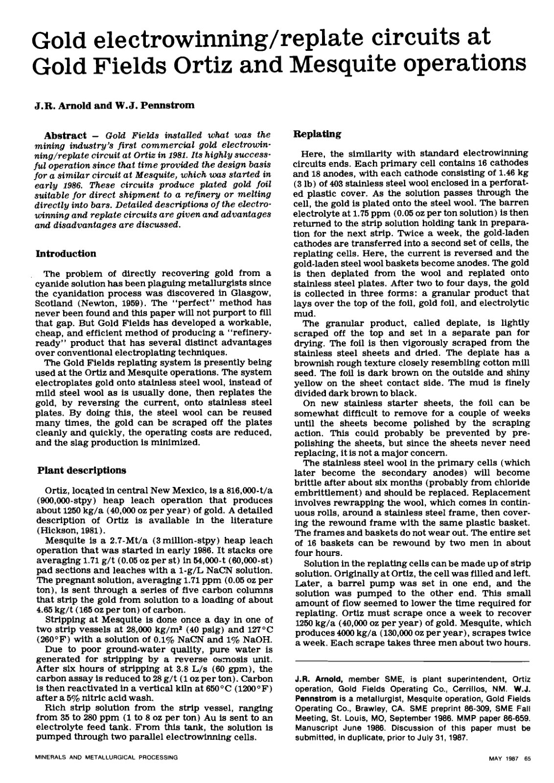 First page of Gold electrowinning/replate circuits at Gold Fields Ortiz