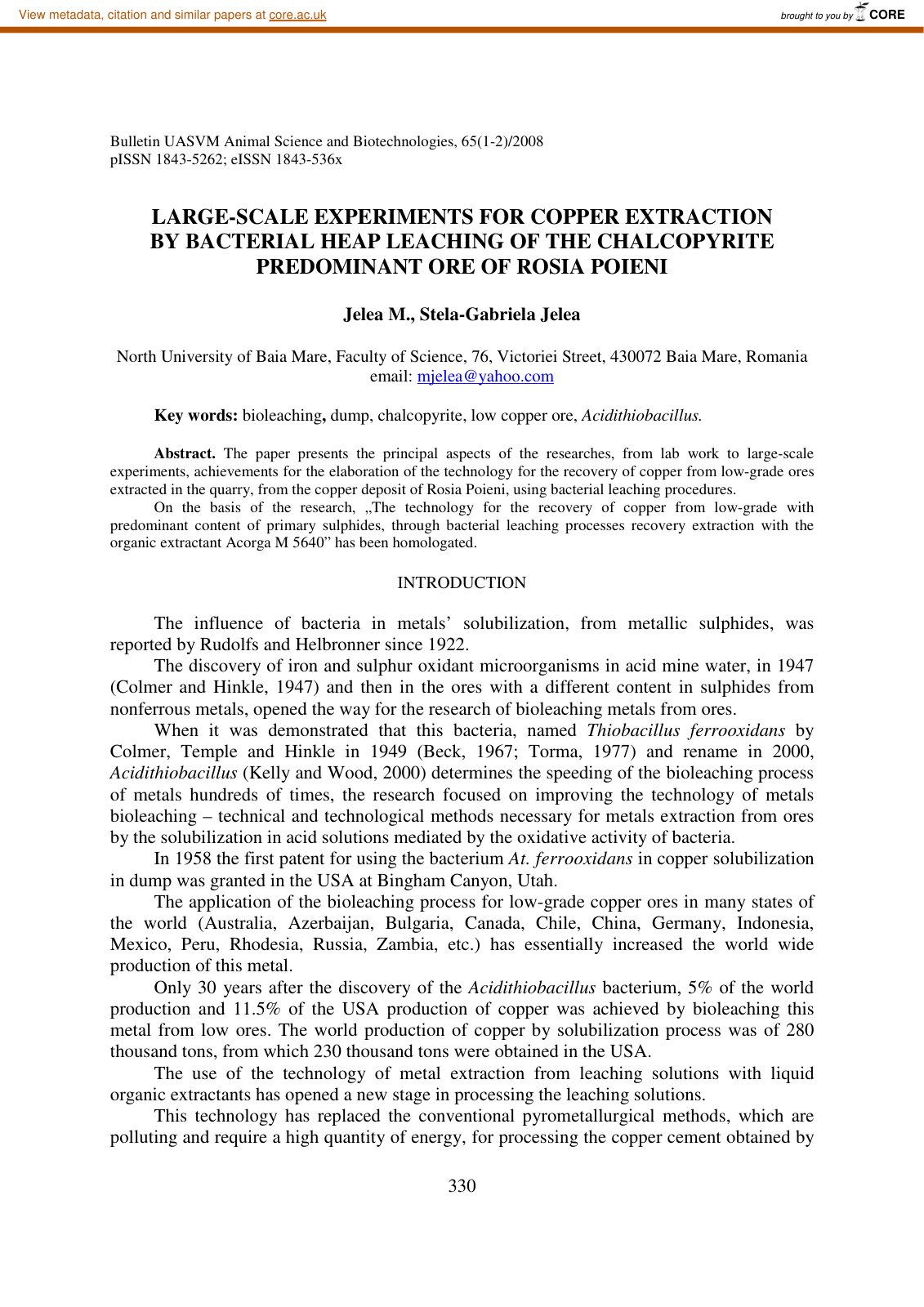 First page of Large scale experiments for copper extra