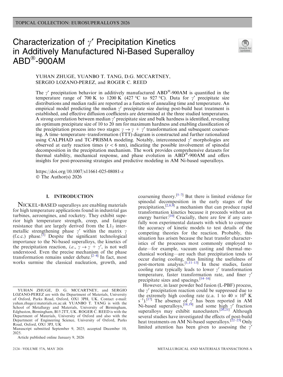 First page of 2026 Zhuge ABD900AM Gamma Prime Precipitation