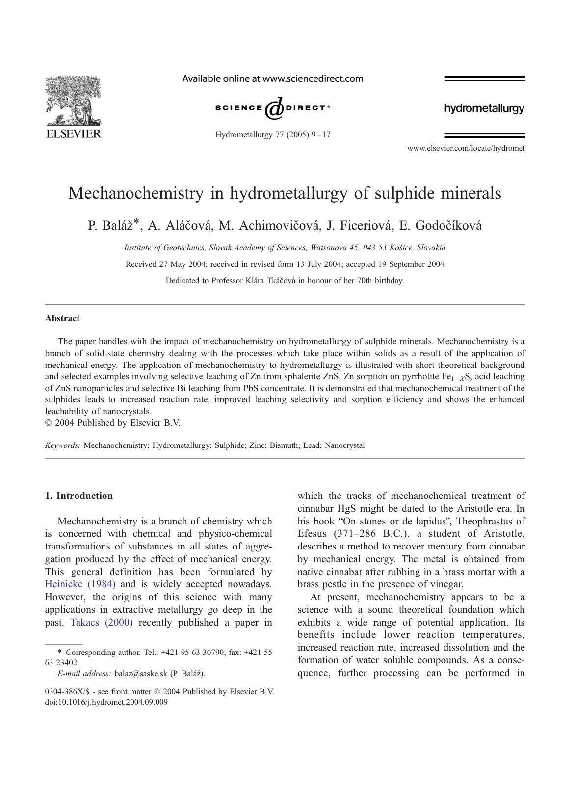 First page of Mechanochemistry in hydrometallurgy of sulphide minerals