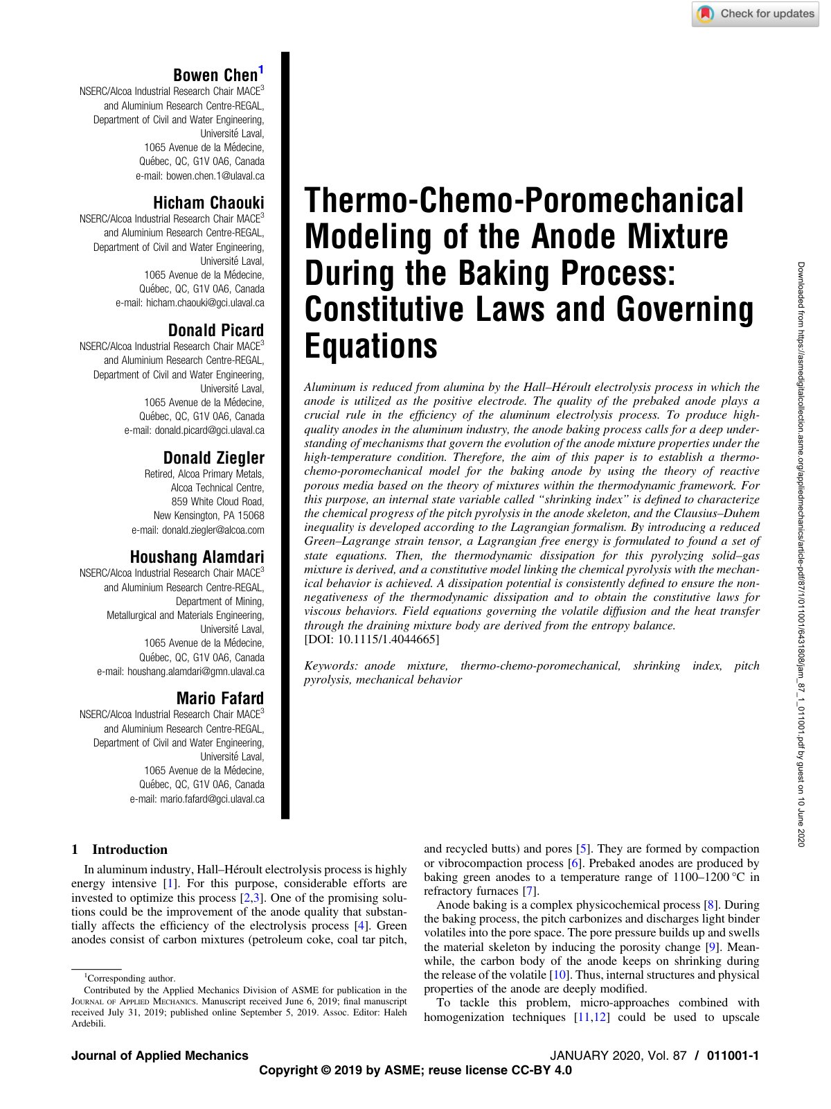 First page of Thermo-Chemo-Poromechanical Modeling of the Anode Mixture During the Baking Process: Constitutive Laws and Governing Equations