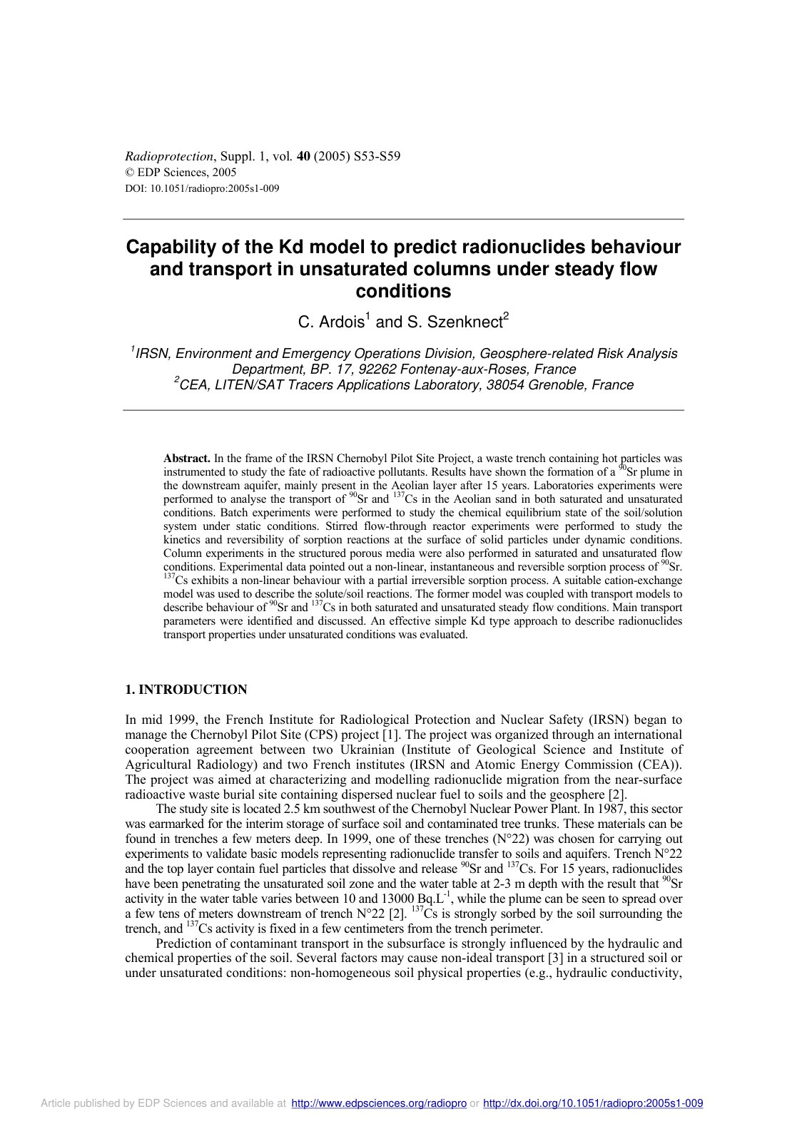 First page of Capability of the Kd model to predict radionuclides behaviour and transport in unsaturated columns under steady flow conditions