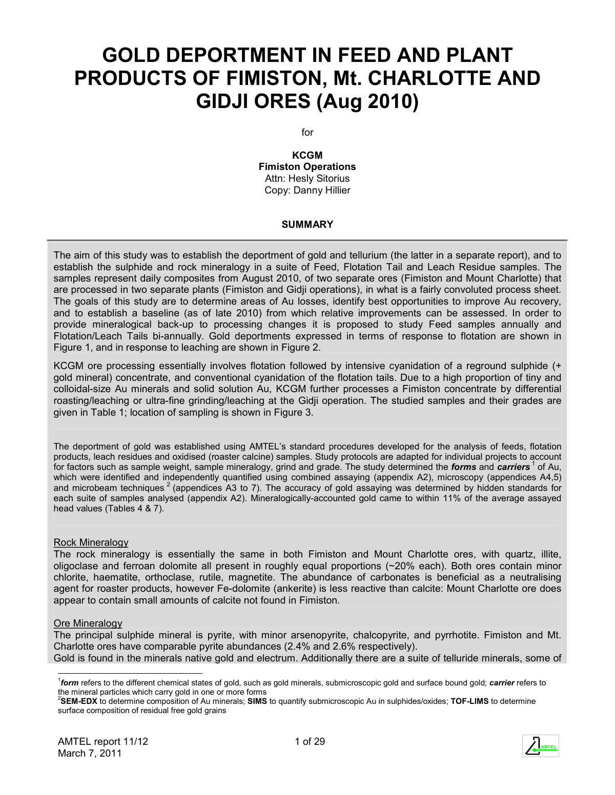 First page of 2.  Gold Deportment in KCGM Ores    Report 11 12 KCGM.doc