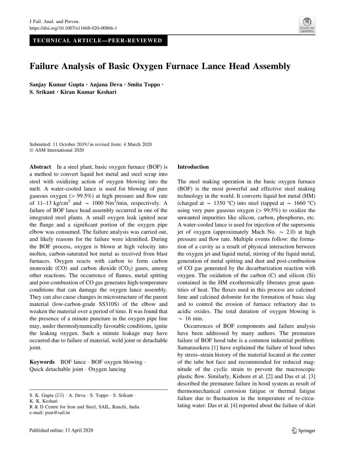 First page of Failure Analysis of Basic Oxygen Furnace Lance Head Assembly