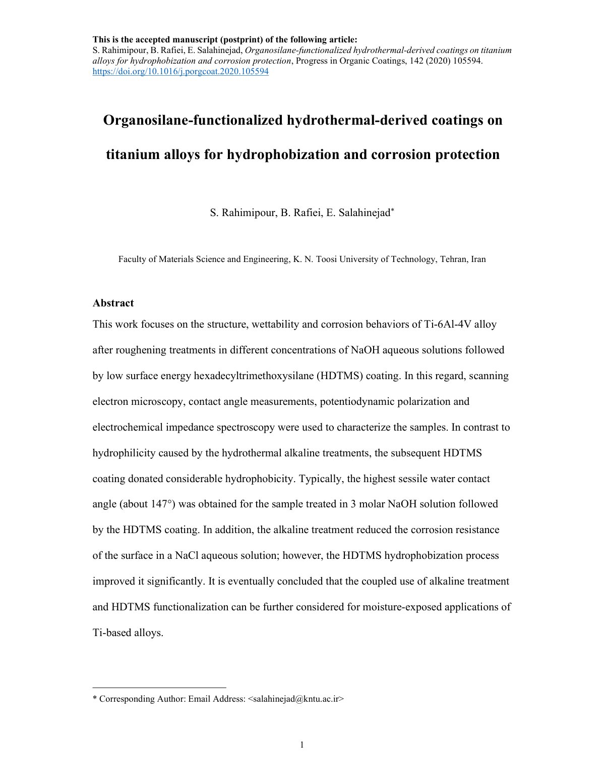 First page of 2020 Rahimipour Organosilane Coatings Titanium Corrosion