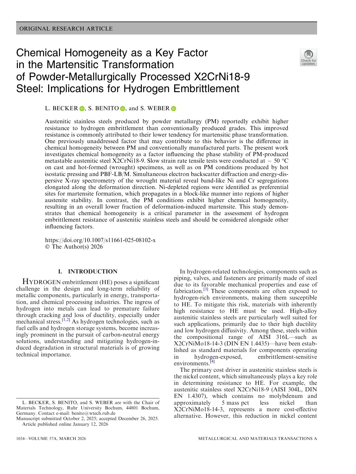 First page of 2026 Becker X2CrNi18 9 Martensitic Transformation