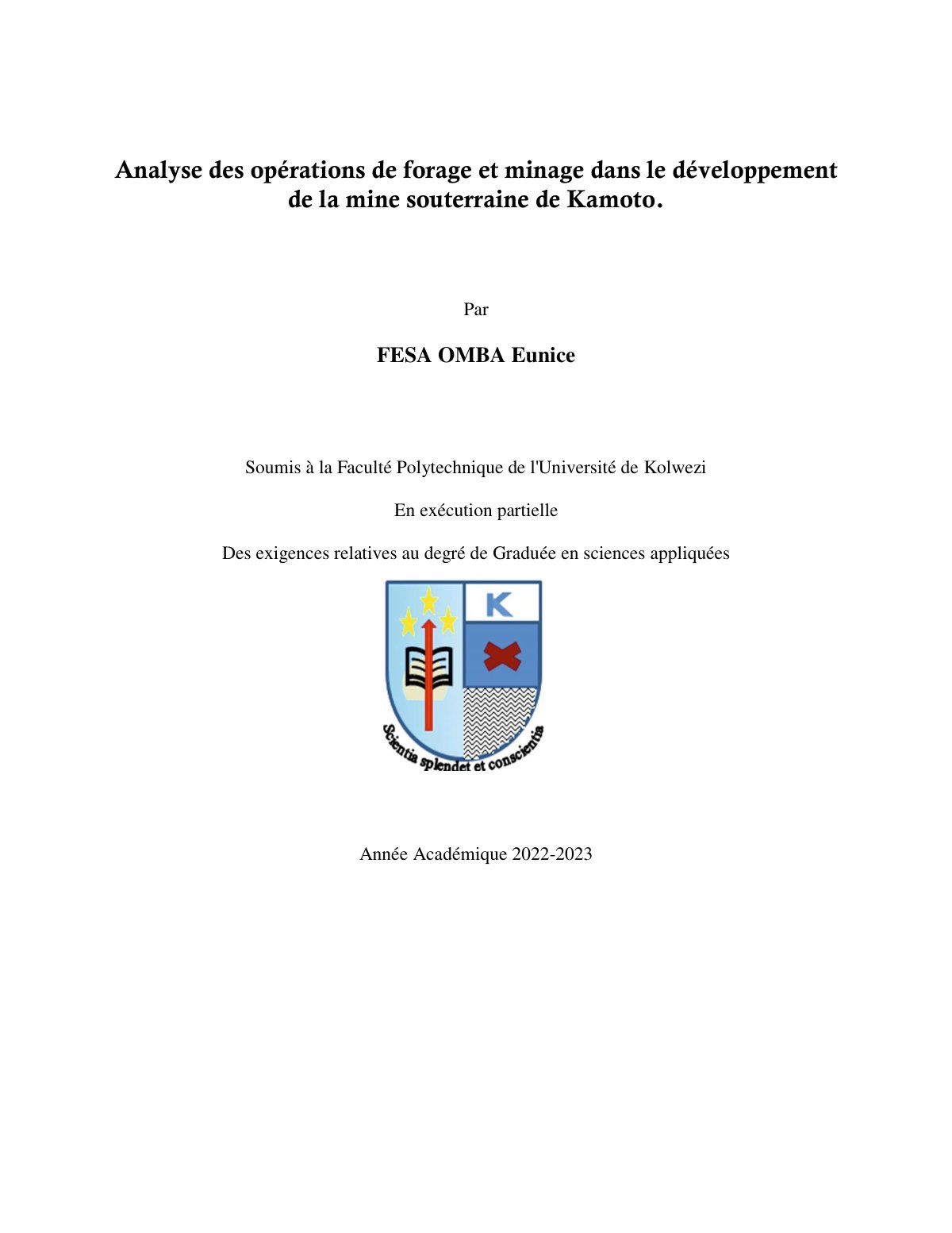 First page of Analyse des opérations de forage et minage dans le développement de la mine souterraine de Kamoto