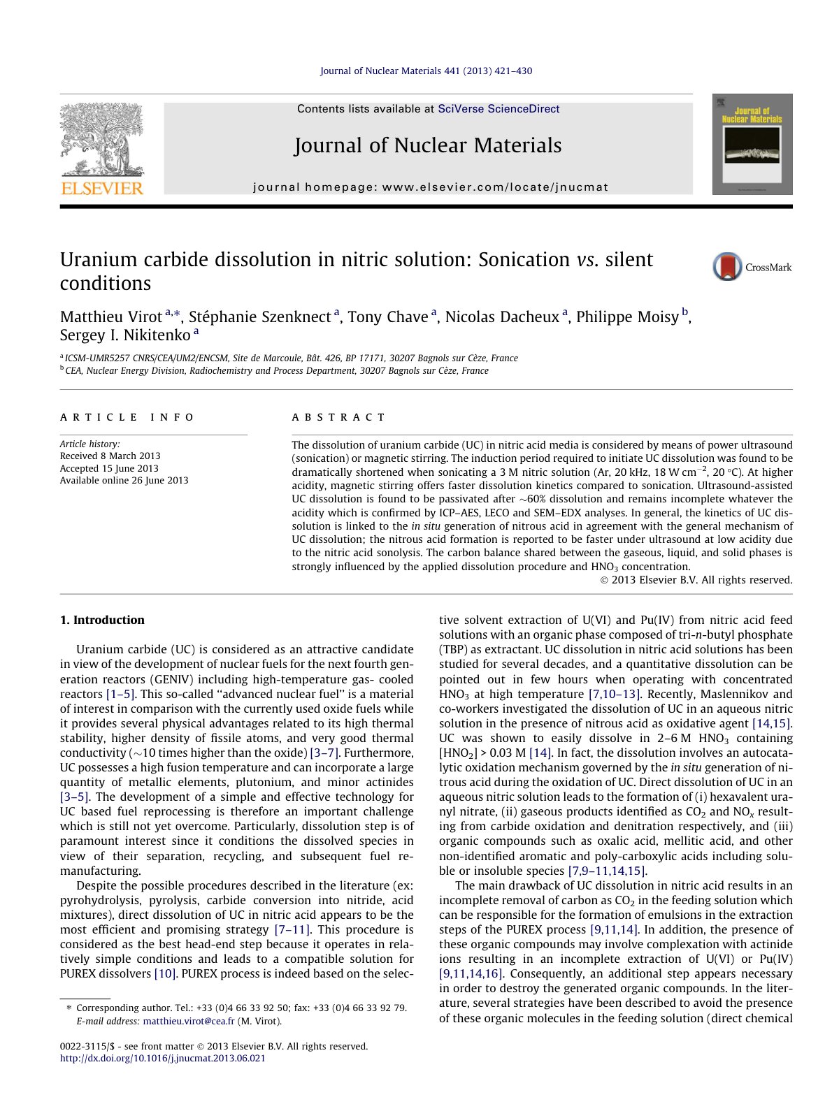 First page of Uranium carbide dissolution in nitric solution: Sonication vs. silent conditions