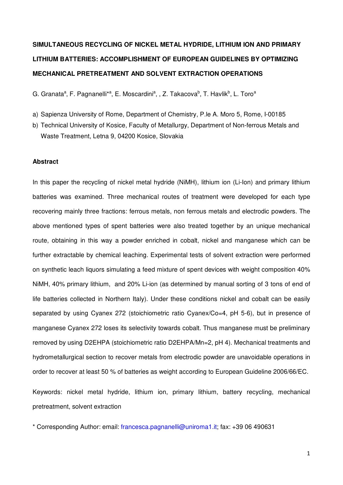 First page of SIMULTANEOUS RECYCLING OF NICKEL METAL HYDRIDE, LITHIUM ION AND PRIMARY LITHIUM BATTERIES: ACCOMPLISHMENT OF EUROPEAN GUIDELINES BY OPTIMIZING MECHANICAL PRETREATMENT AND SOLVENT EXTRACTION OPERATIONS