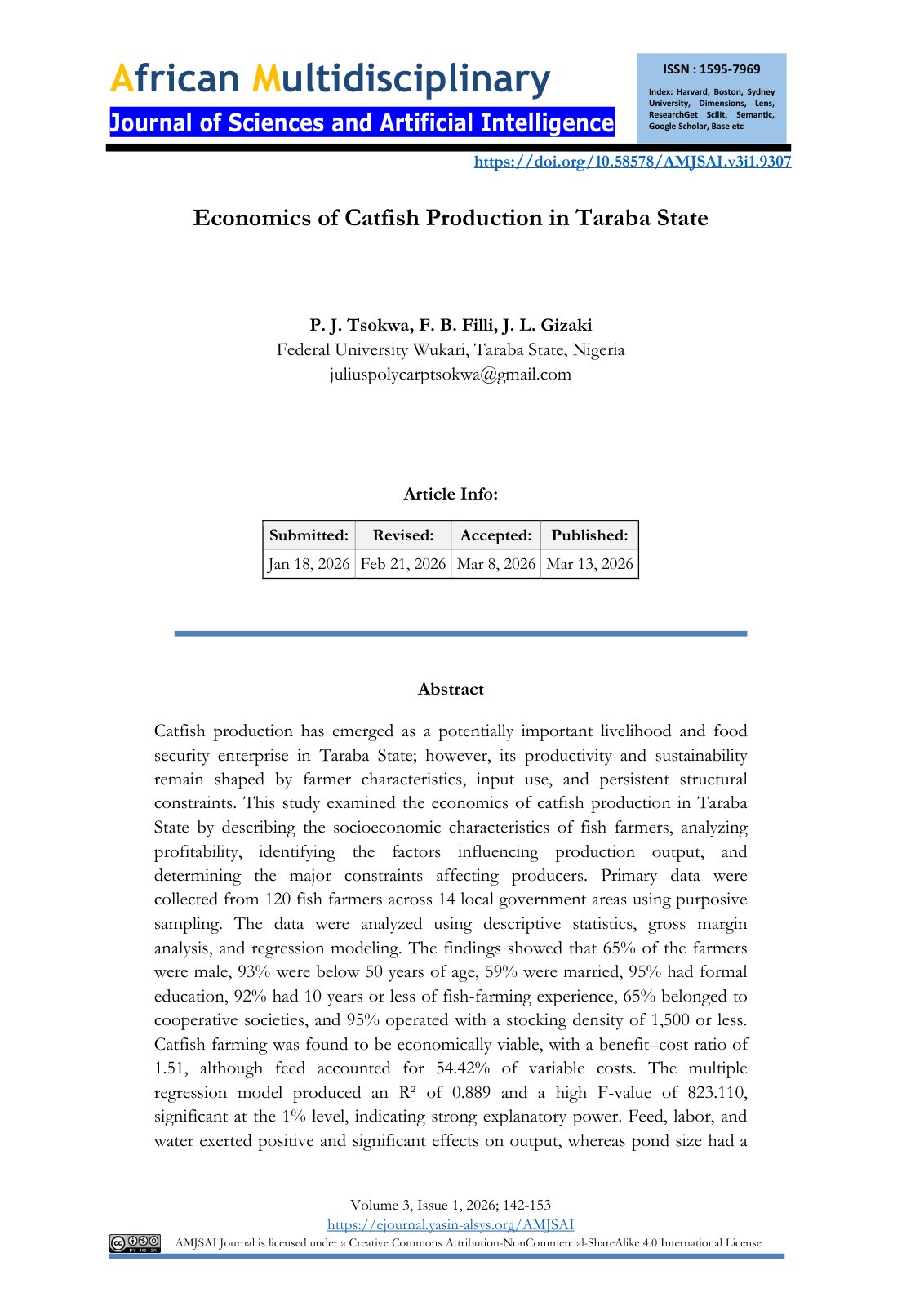 First page of Economics of Catfish Production in Taraba State