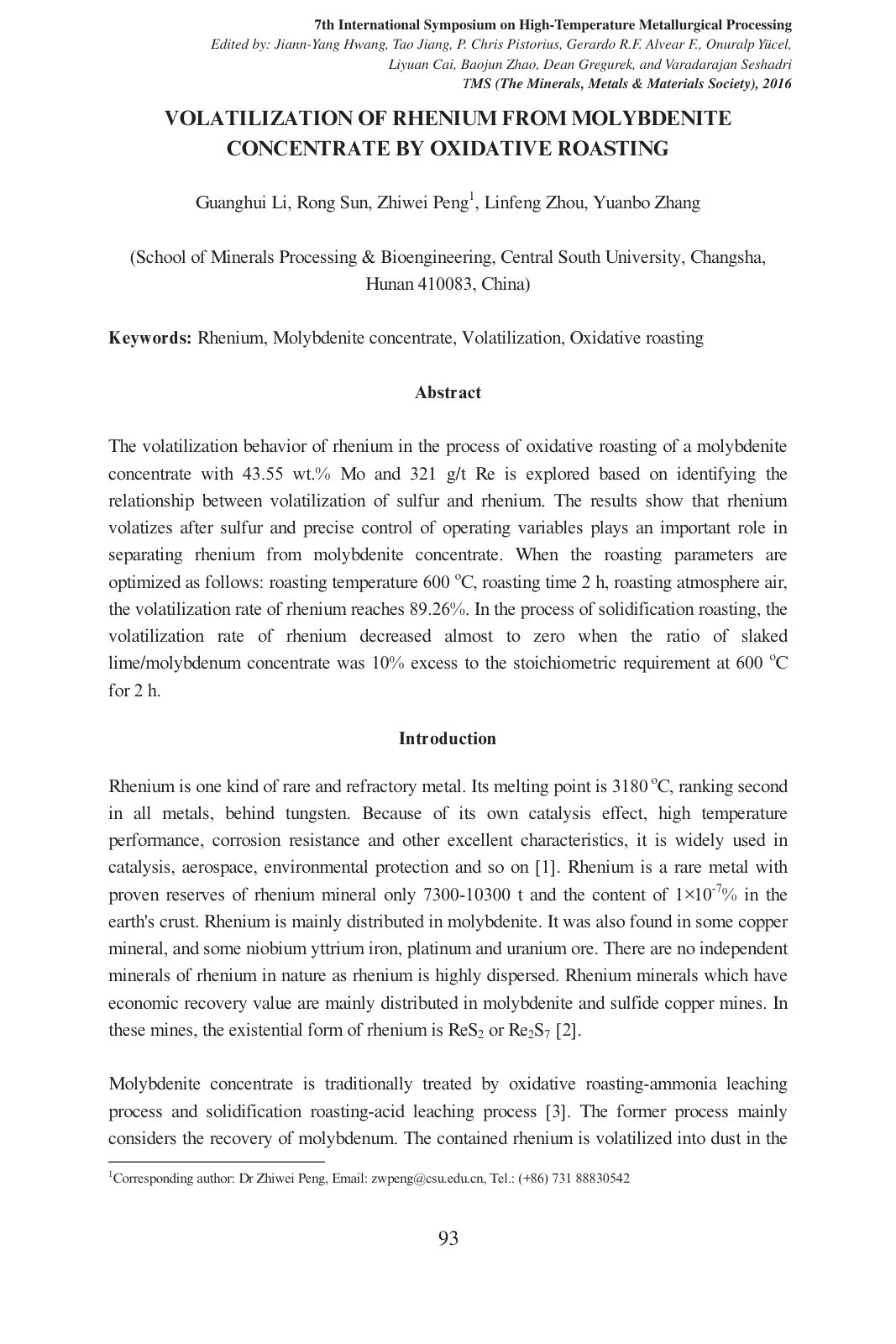 First page of Volatilization of Rhenium from Molybdenite Concentrate by Oxidative Roasting