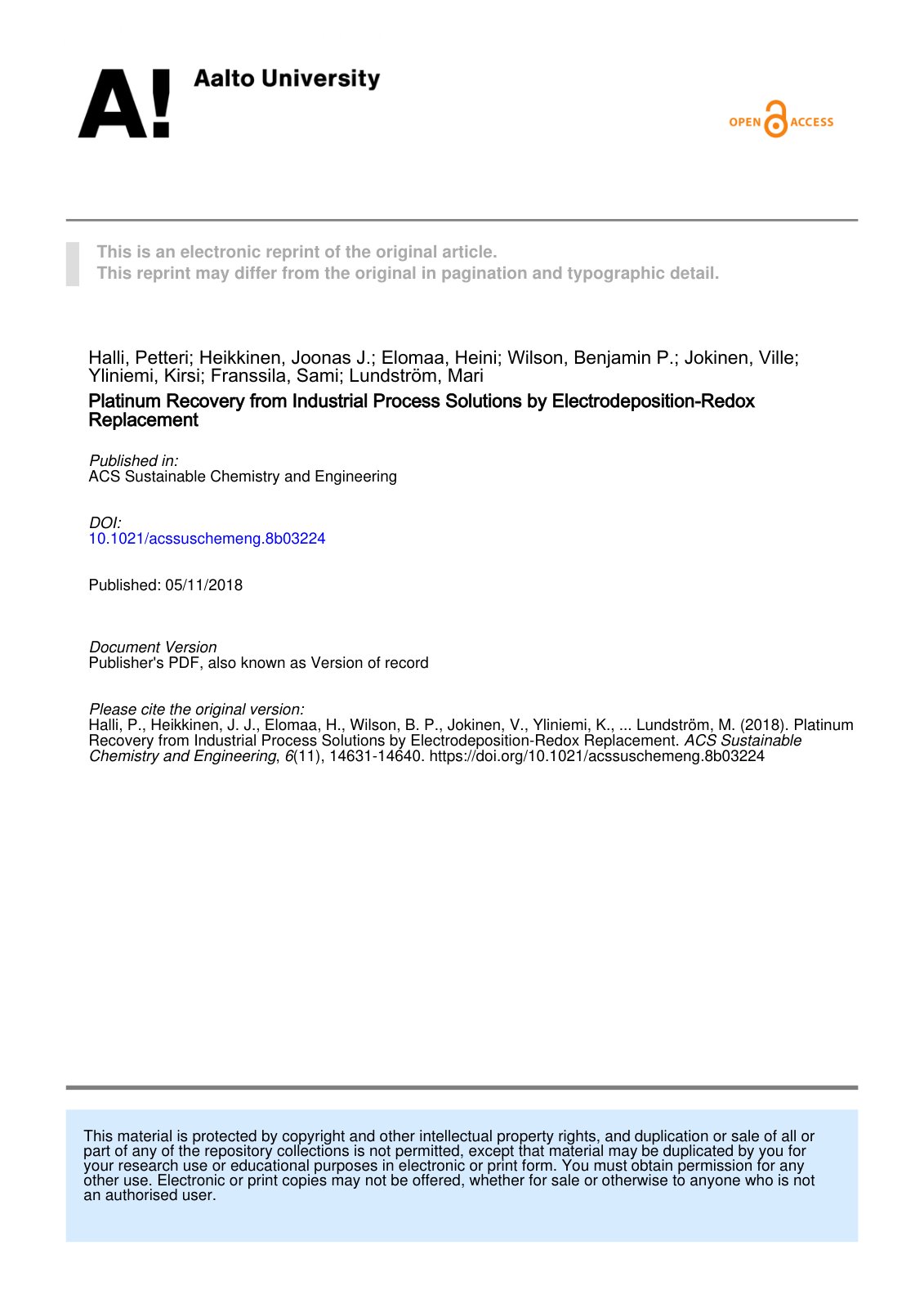 First page of Platinum Recovery from Industrial Proces
