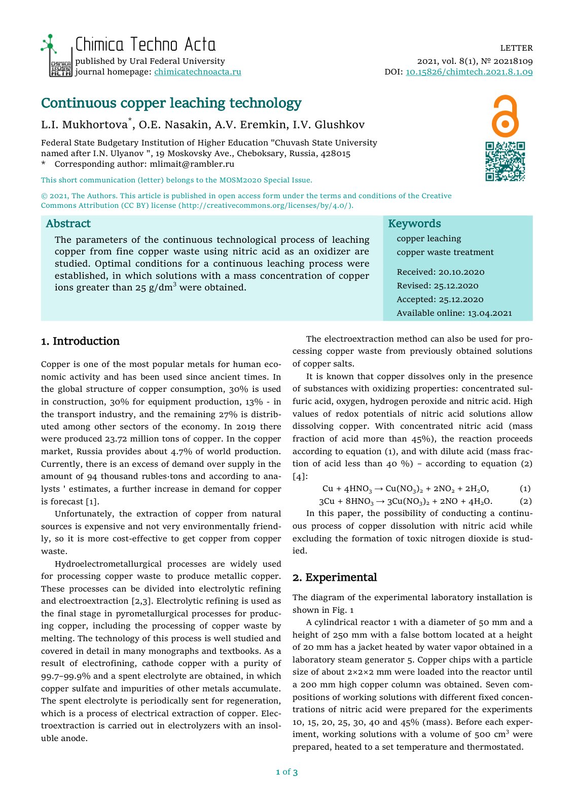 First page of Continuous copper leaching technology