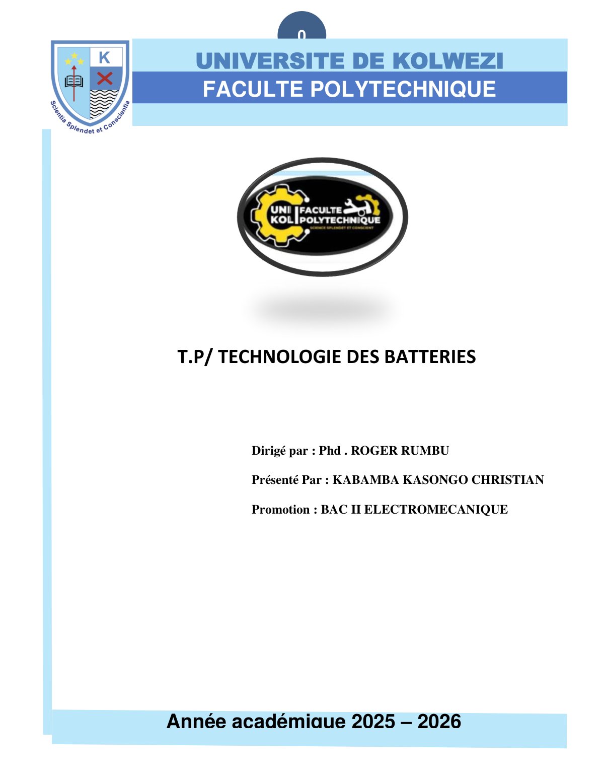 First page of KABAMBA KASONGO CHRISTIAN TP DE TECHNOLOGIE DE BATTERIE