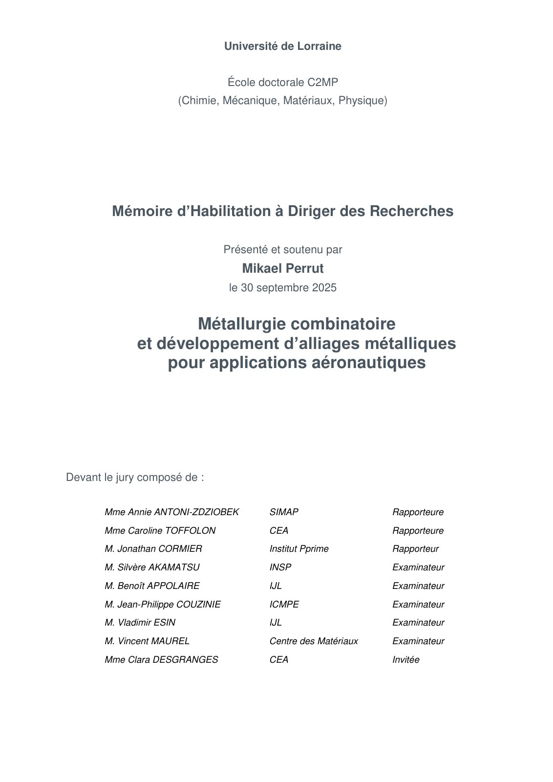 First page of HDR Mikael Perrut UniversitdeLorraine fev2026 version definitive