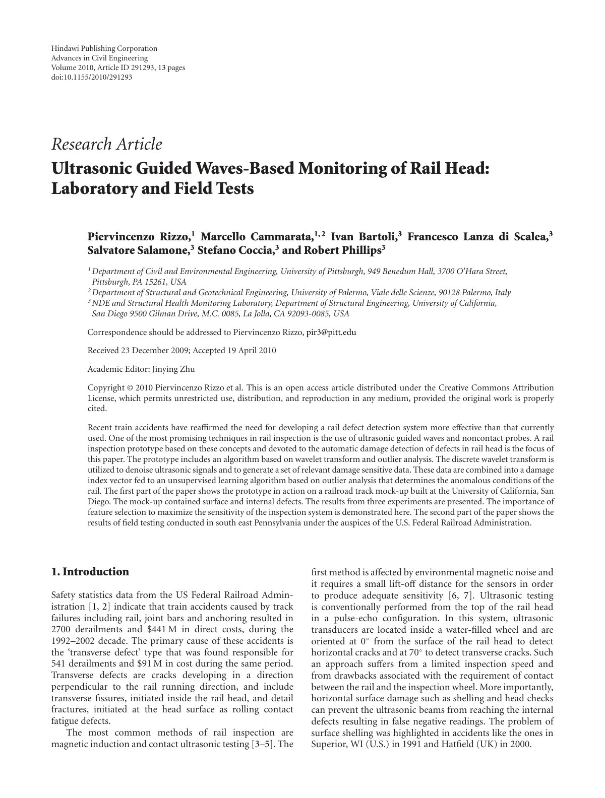 First page of Ultrasonic Guided Waves-Based Monitoring of Rail Head: Laboratory and Field Tests