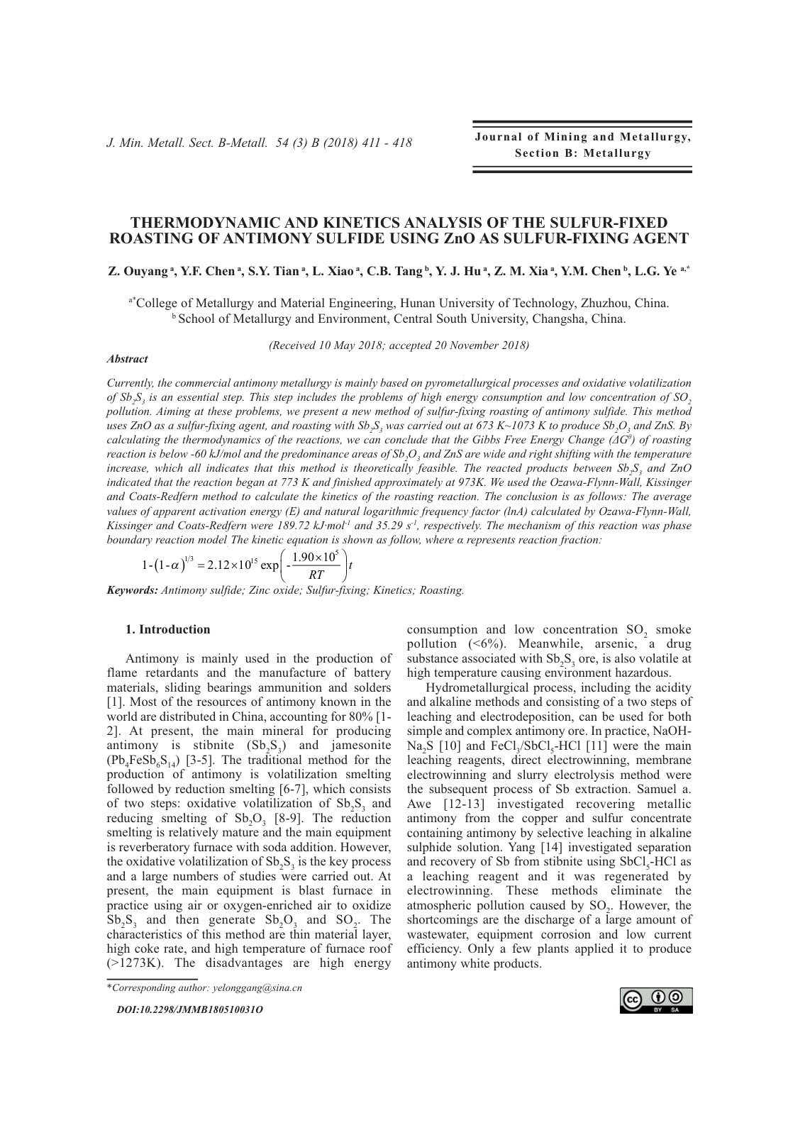 First page of THERMODYNAMIC AND KINETICS ANALYSIS OF THE SULFUR-FIXED ROASTING OF ANTIMONY SULFIDE USING ZnOAS SULFUR-FIXING AGENT