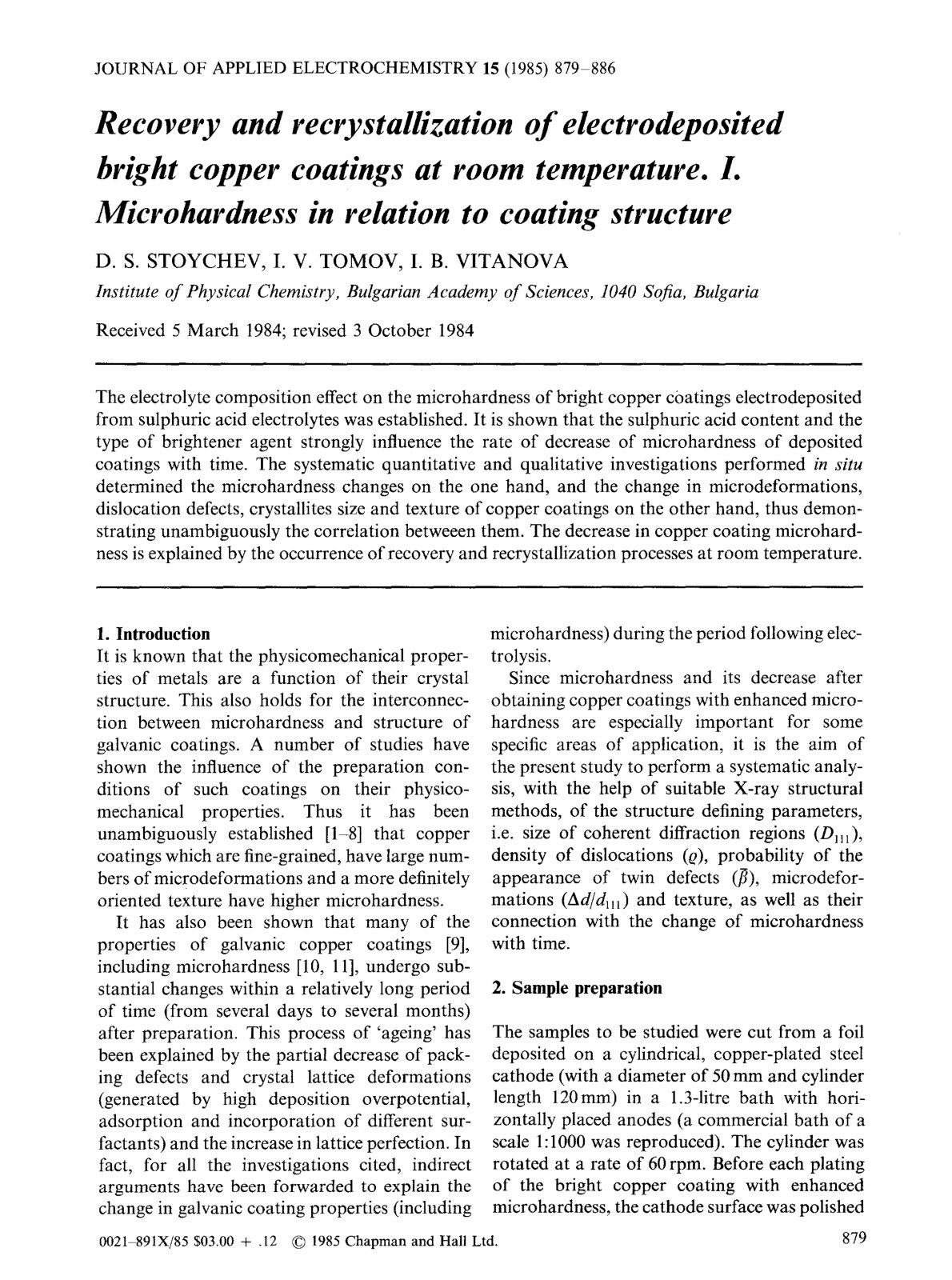 First page of Recovery and recrystallization of electrodeposited bright copper coatings at room temperature. I. Microhardness in relation to coating structure