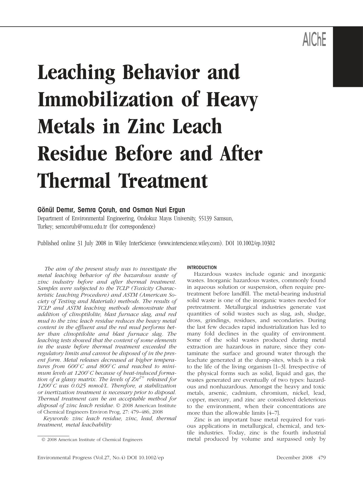 First page of Leaching behavior and immobilization of