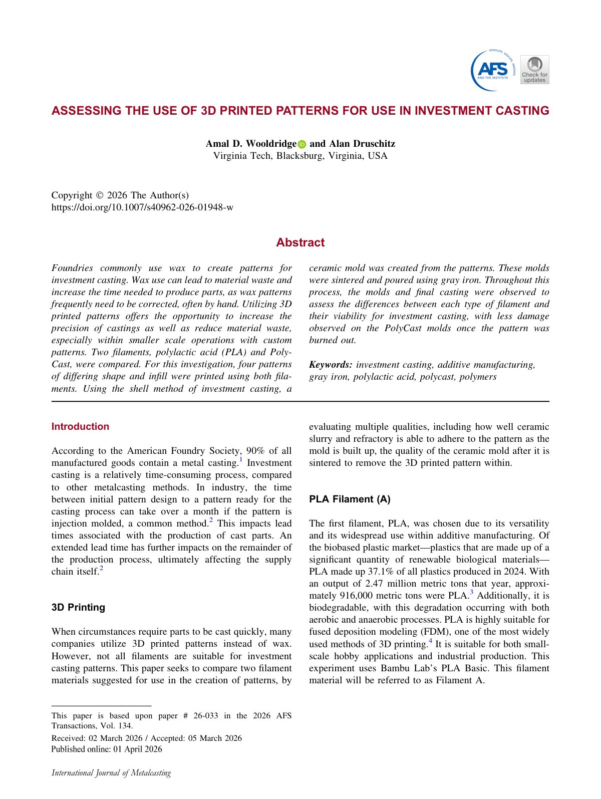 First page of 2026 Wooldridge 3D Printed Patterns Investment Casting