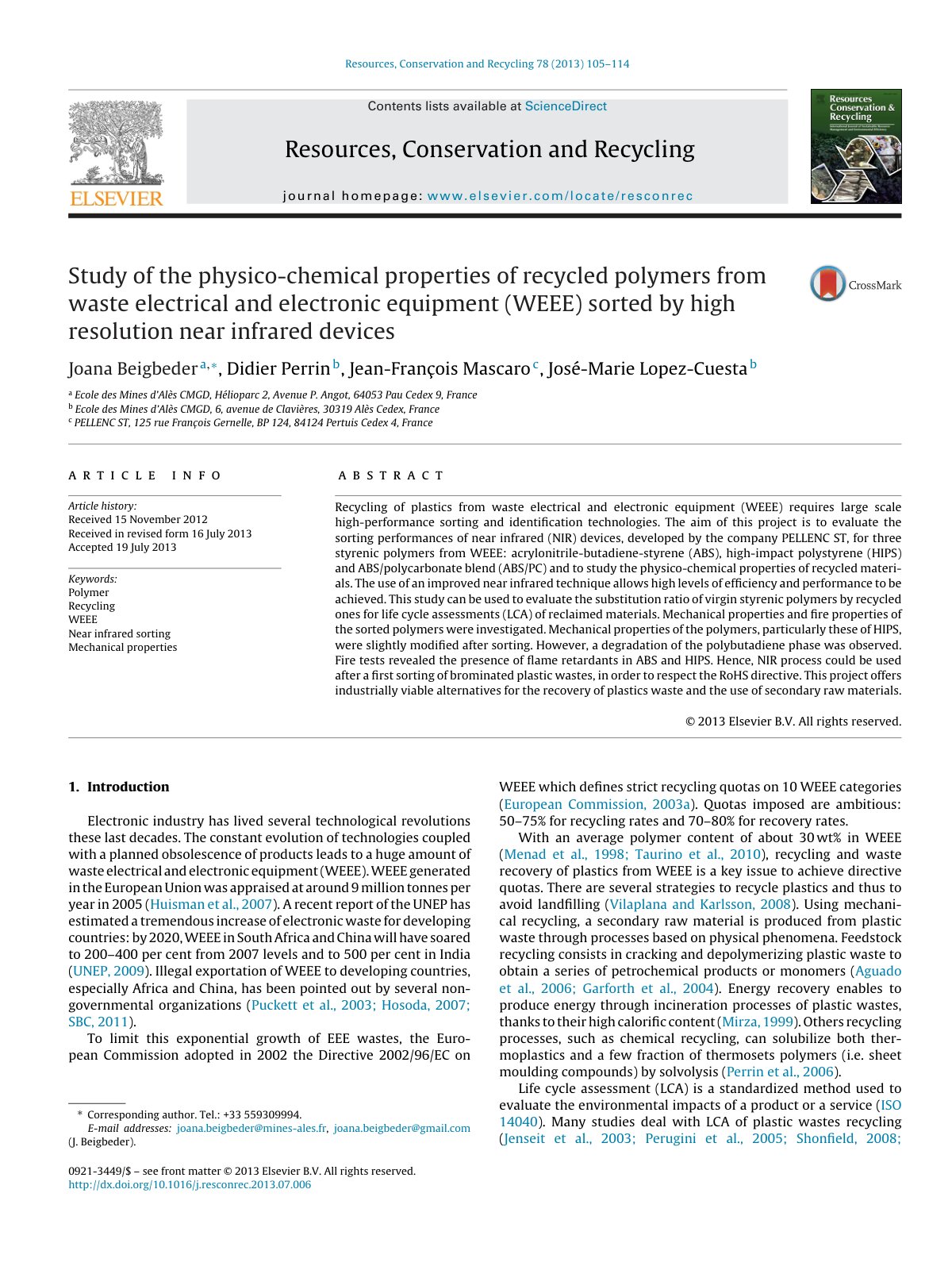 First page of Study of the physico chemical properties of recycled polym 2013 Resources  C