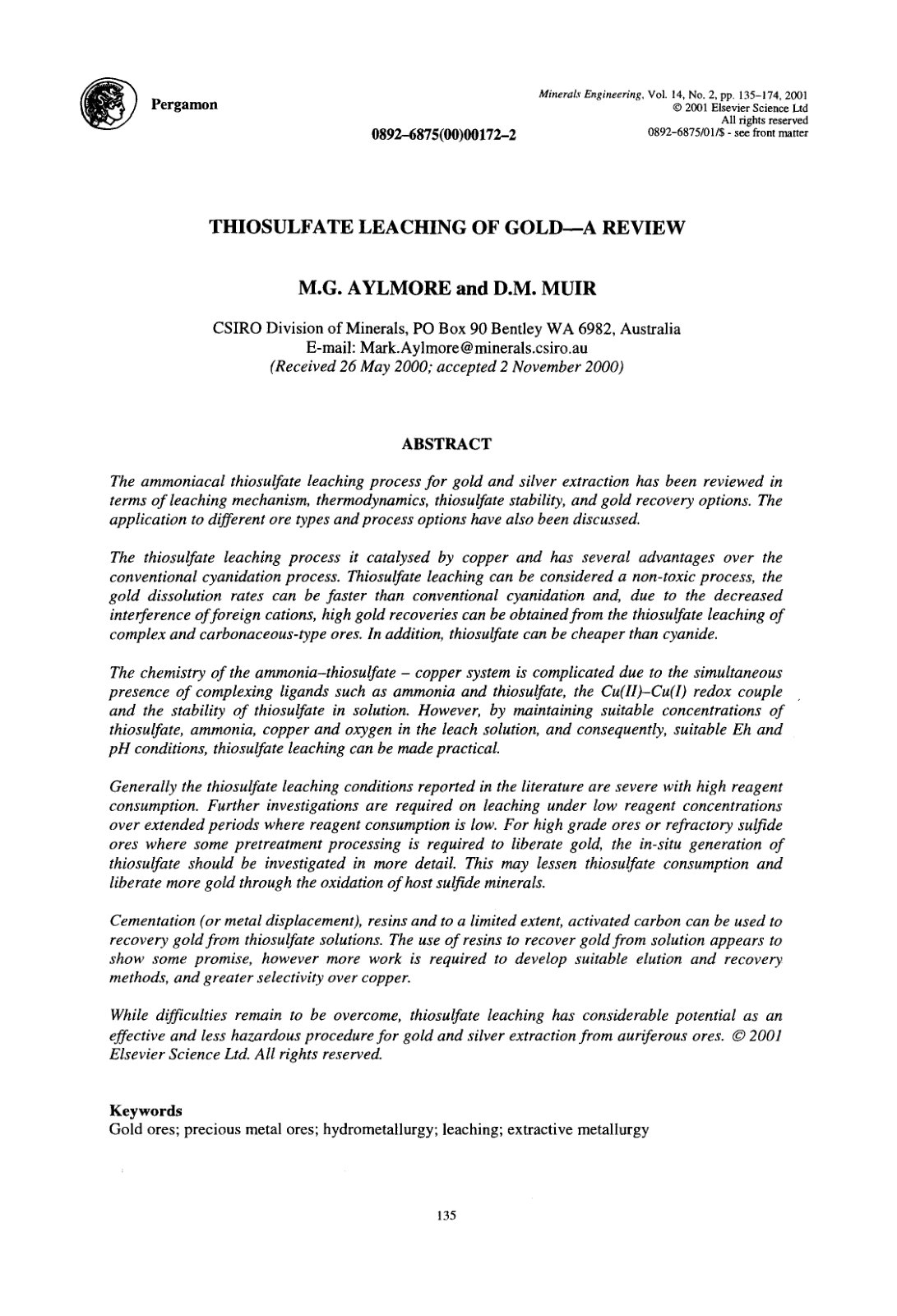 First page of Thiosulfate leaching of gold A review