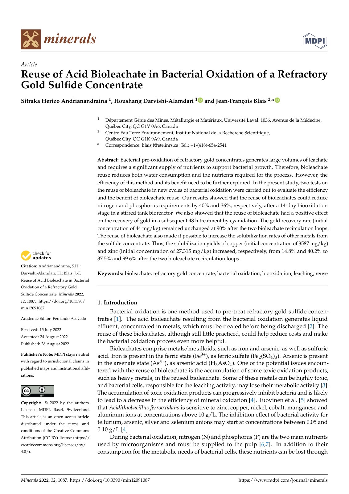 First page of Reuse of Acid Bioleachate in Bacterial O