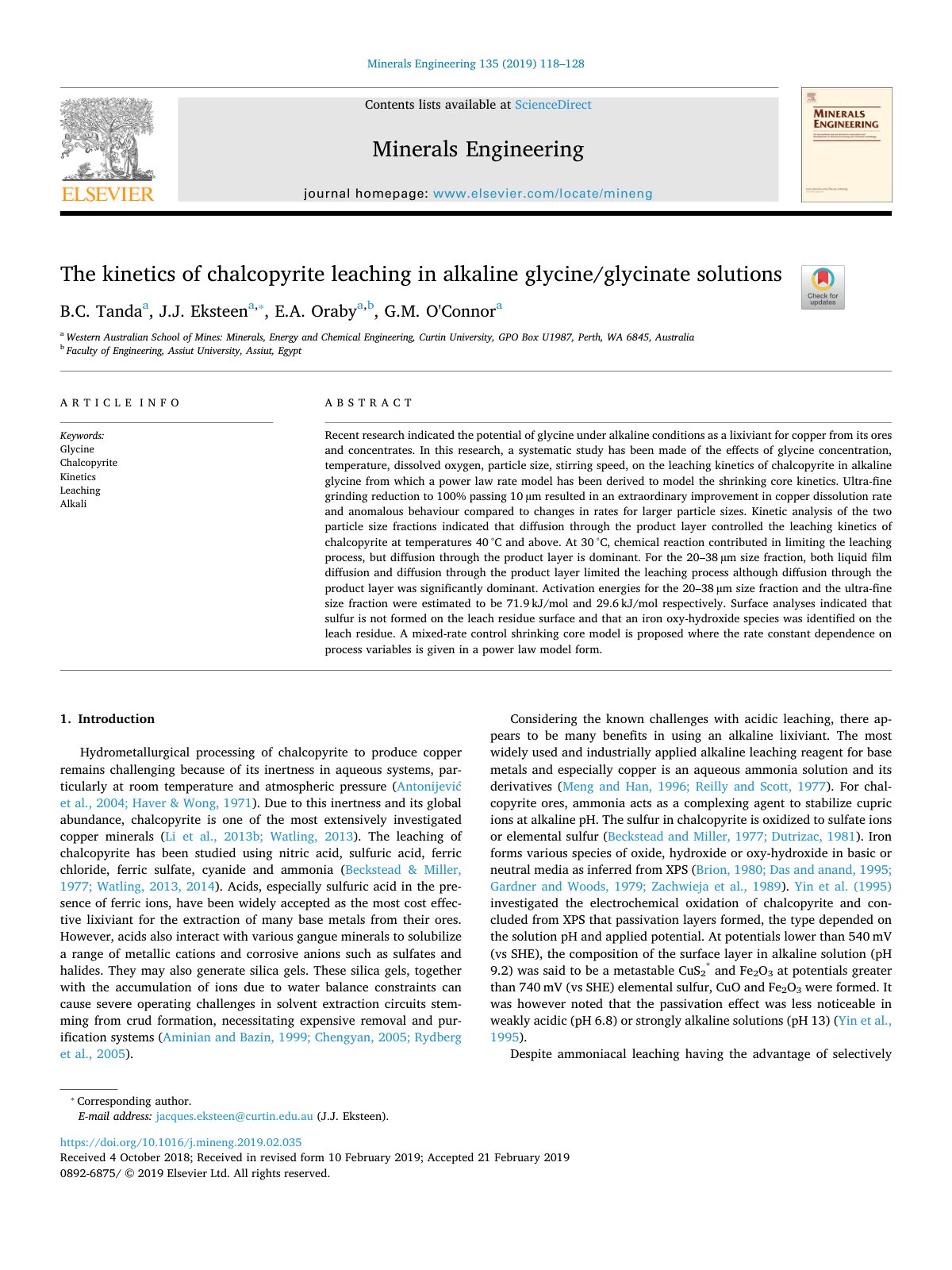 First page of The kinetics of chalcopyrite leaching in