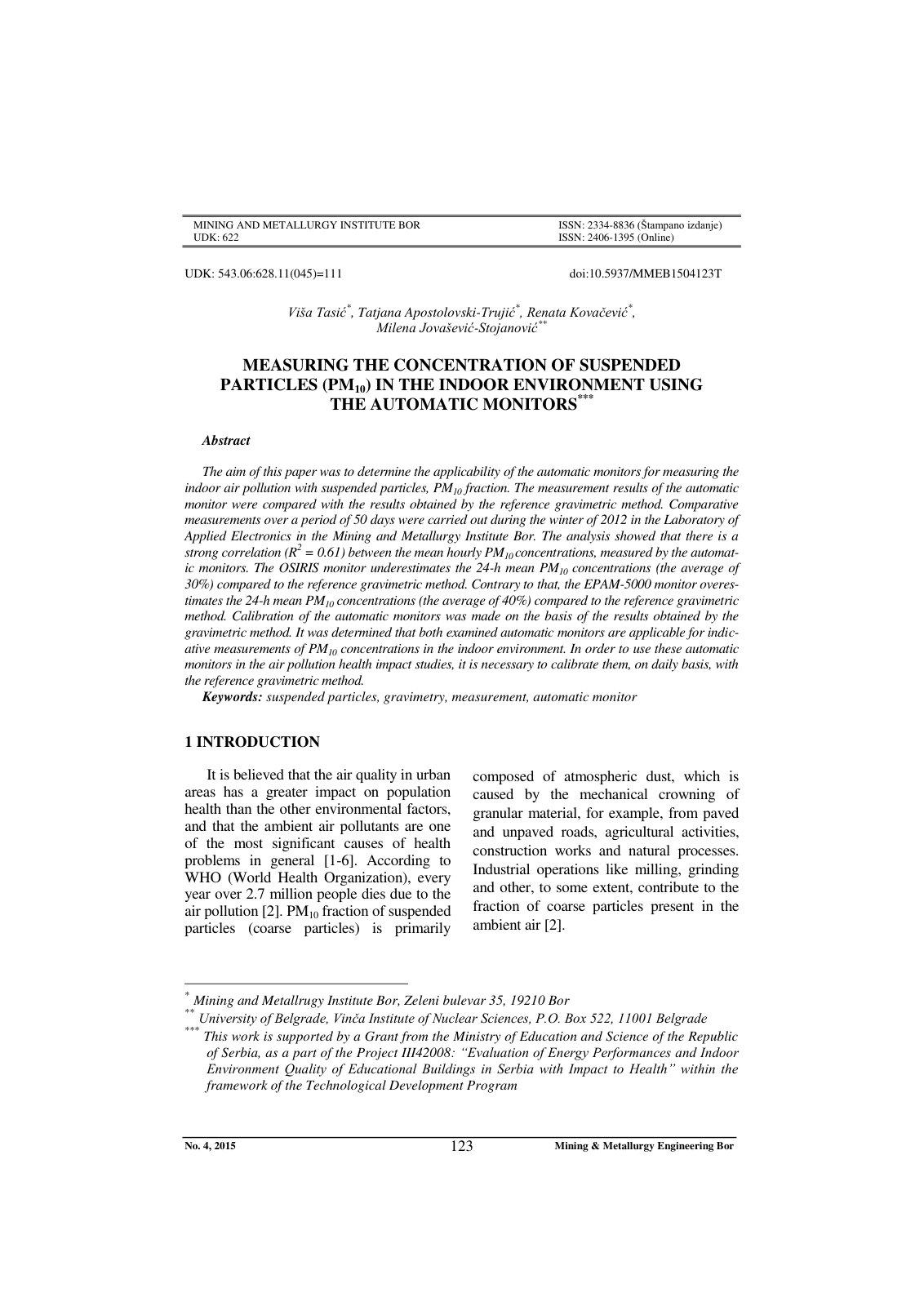 First page of MEASURING THE CONCENTRATION OF SUSPENDED PARTICLES (PM10) IN THE INDOOR ENVIRONMENT USING THE AUTOMATIC MONITORS