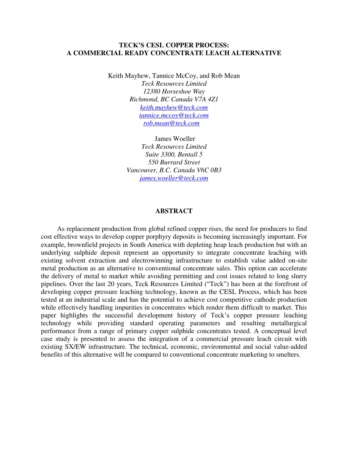 First page of TECK’S CESL COPPER PROCESS: