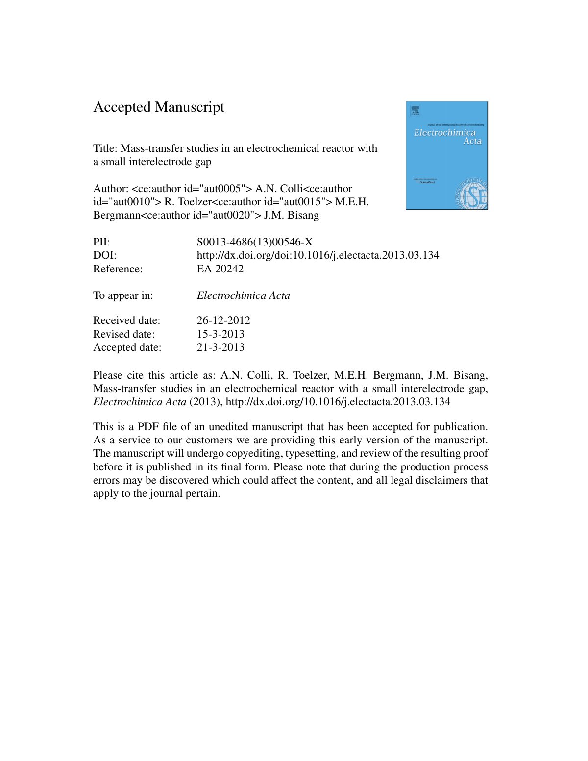 First page of Mass-transfer studies in an electrochemical reactor with a small interelectrode gap