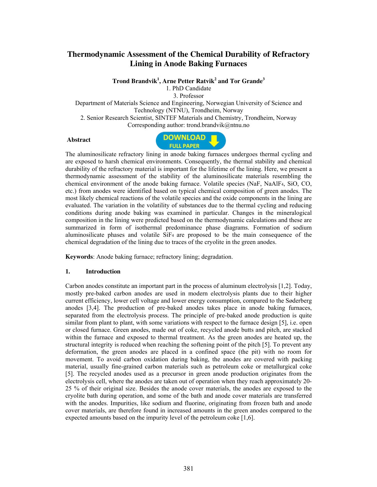 First page of Thermodynamic Assessment of the Chemical Durability of Refractory Lining in Anode Baking Furnaces
