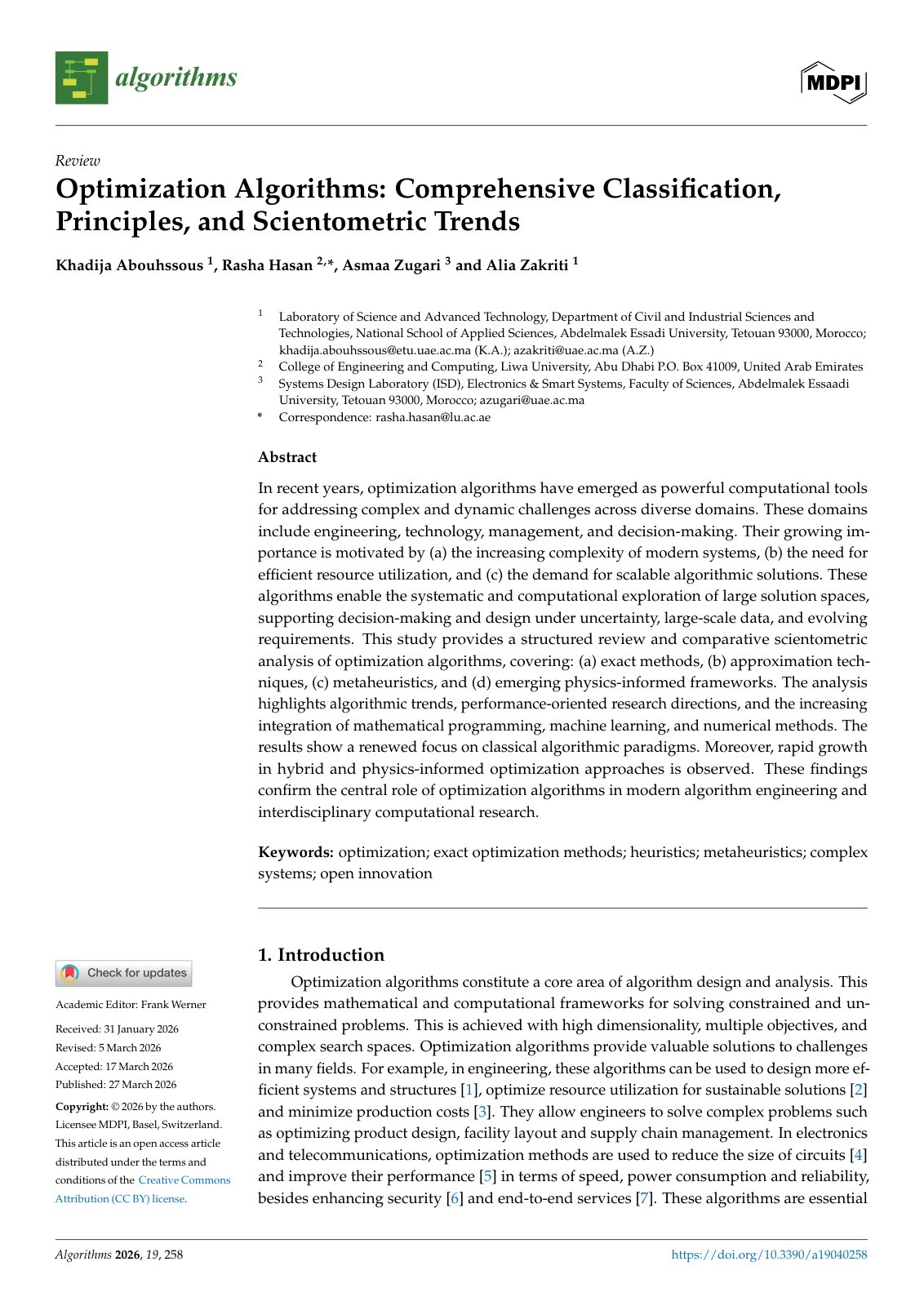 First page of Optimization Algorithms: Comprehensive Classification, Principles, and Scientometric Trends