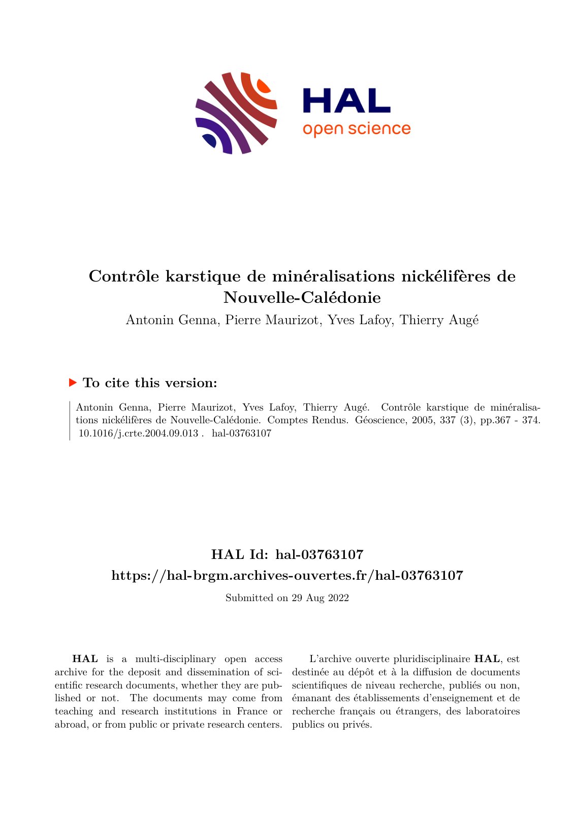 First page of Controle karstique de mineralisations ni