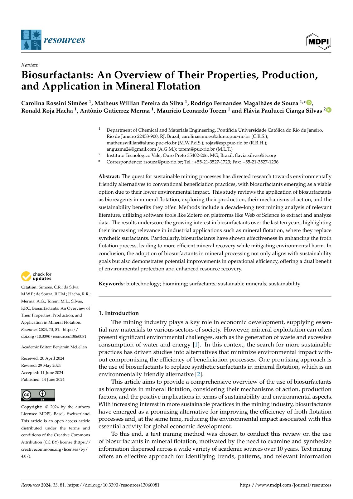 First page of Biosurfactants: An Overview of Their Properties, Production, and Application in Mineral Flotation