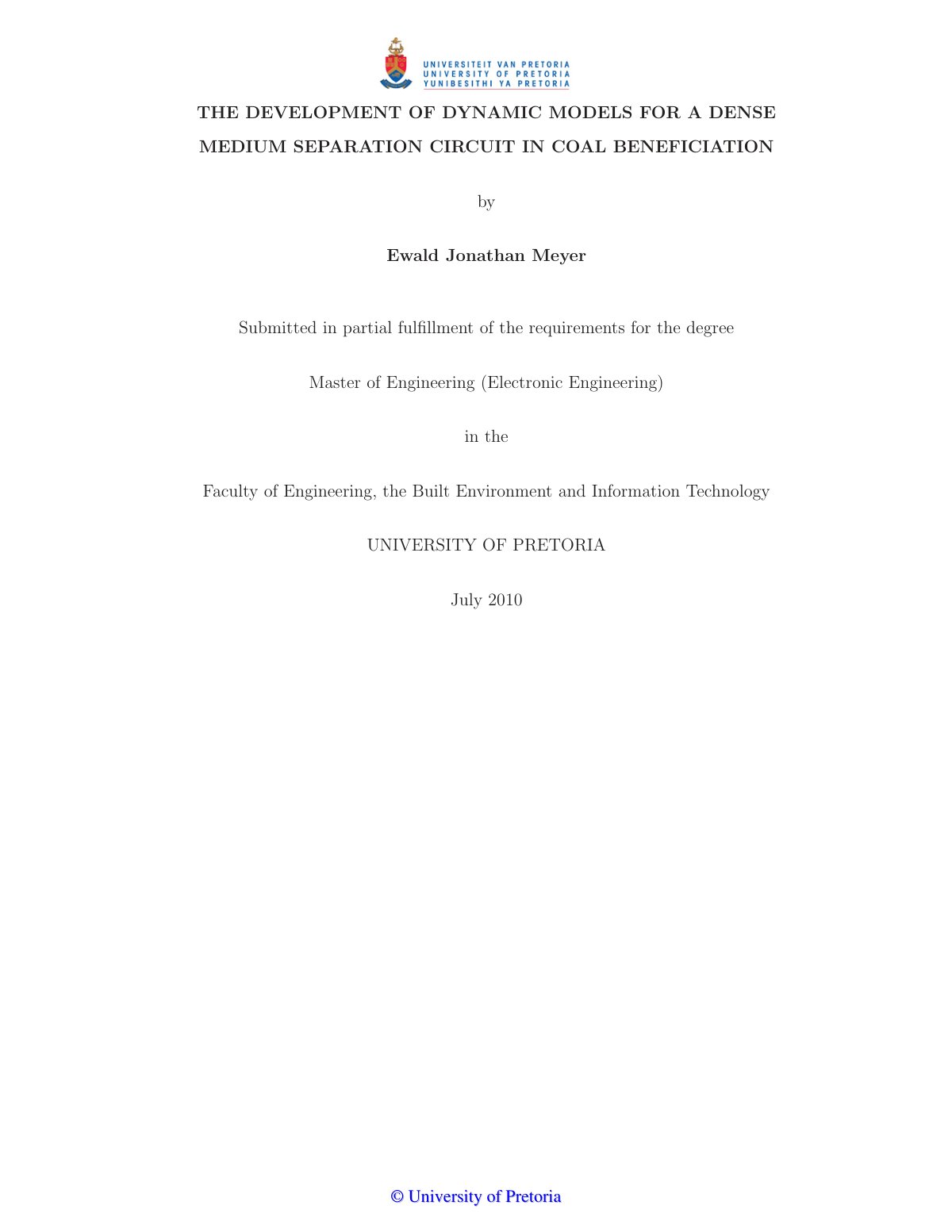 First page of THE DEVELOPMENT OF DYNAMIC MODELS FOR A DENSE MEDIUM SEPARATION CIRCUIT IN COAL BENEFICIATION