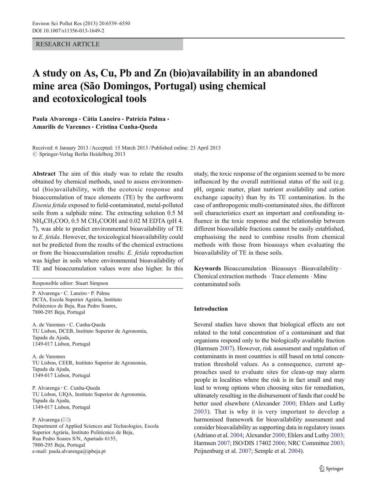 First page of A study on As, Cu, Pb and Zn (bio)availability in an abandoned mine area (São Domingos, Portugal) using chemical and ecotoxicological tools