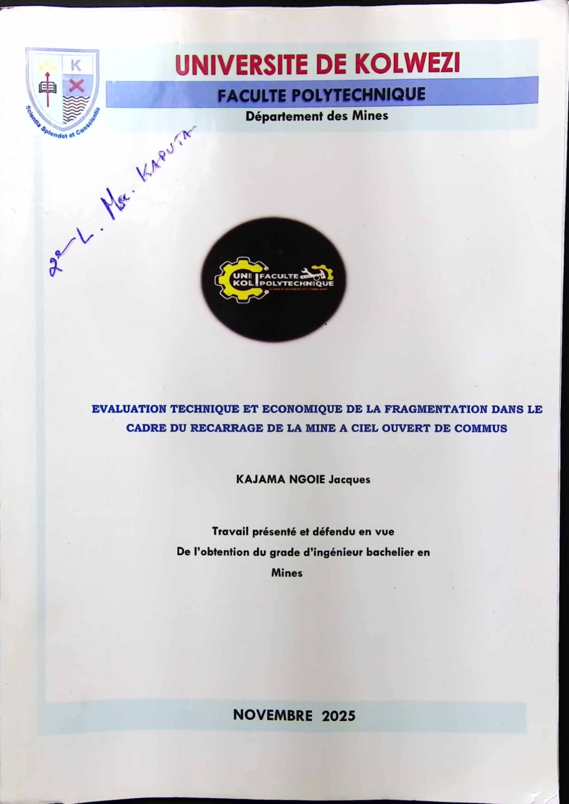 First page of EVALUATION TECHNIQUE ET ECONOMIQUE DE LA FRAGMENTATION DANS LE CADRE DU RECARRAGE DE LA MINE A CIEL OUVERT DE COMMUS