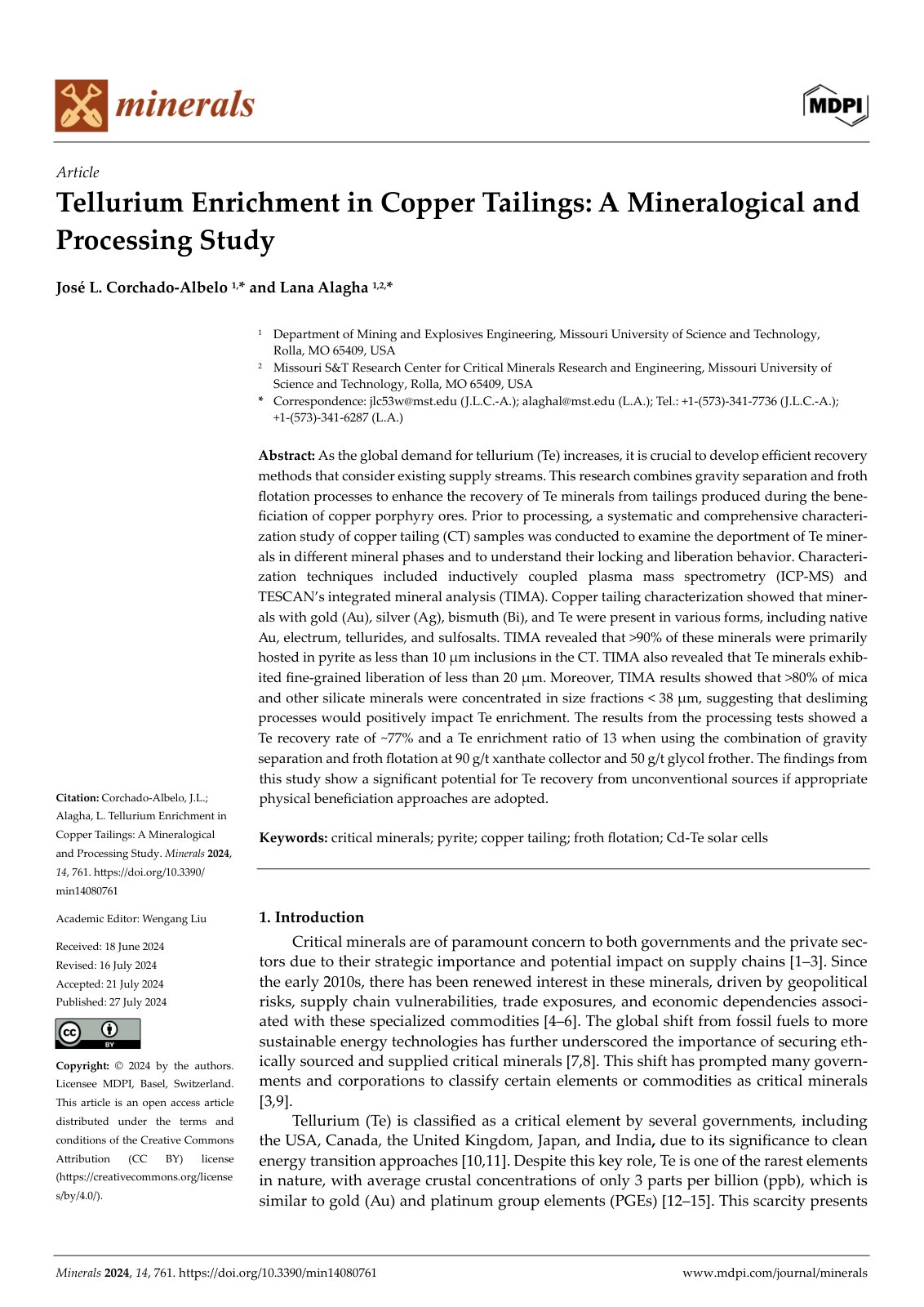 First page of Minerals 2024, 14, 761. https://doi.org/10.3390/min14080761