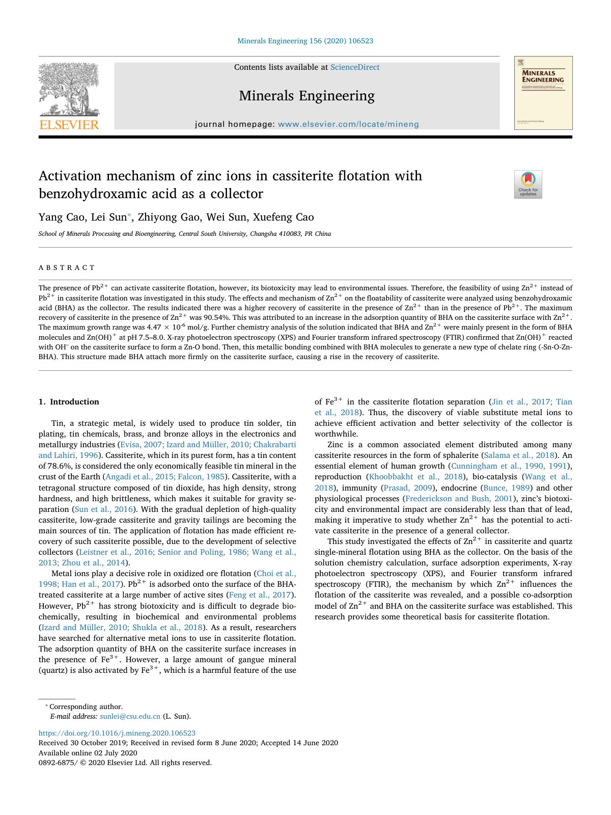 First page of Activation mechanism of zinc ions in cassiterite flotation  2020 Minerals En