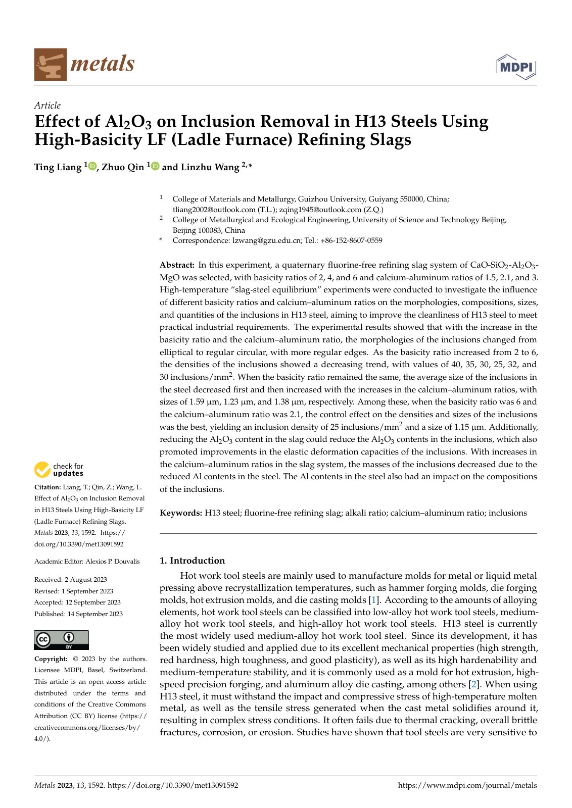 First page of Effect of Al2O3 on Inclusion Removal in H13 Steels Using High-Basicity LF (Ladle Furnace) Refining Slags