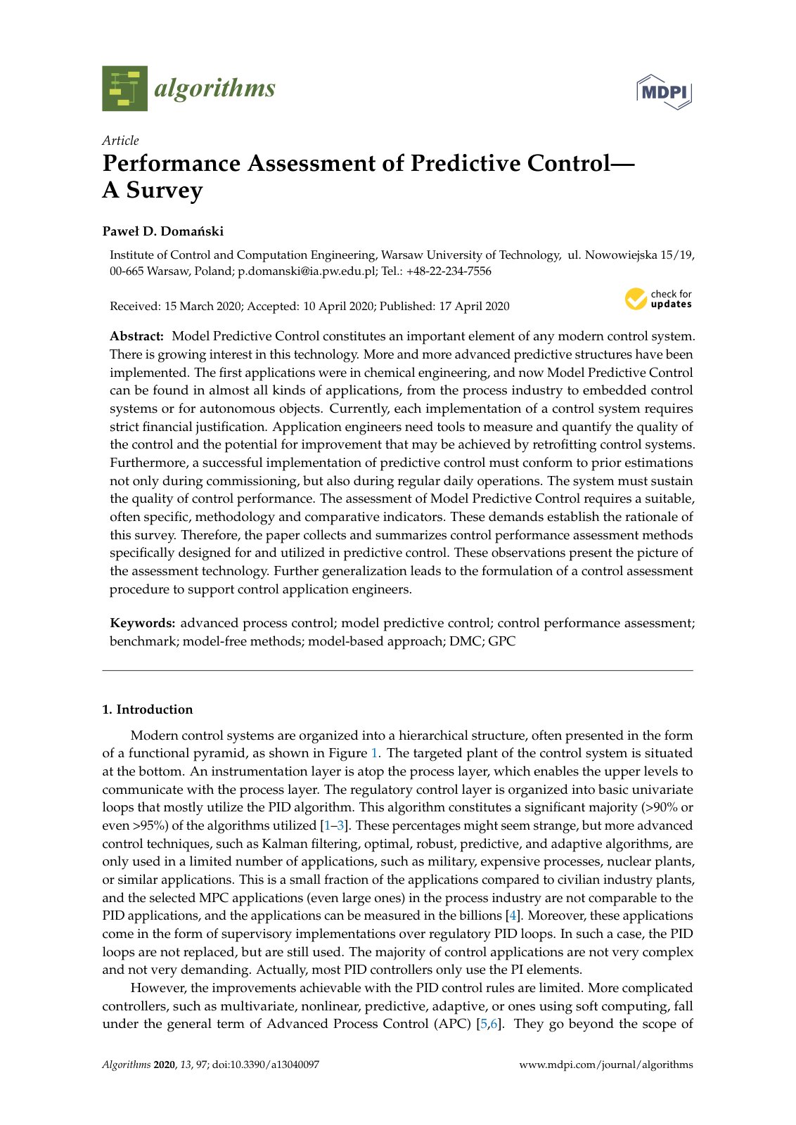 First page of Performance Assessment of Predictive Control— A Survey